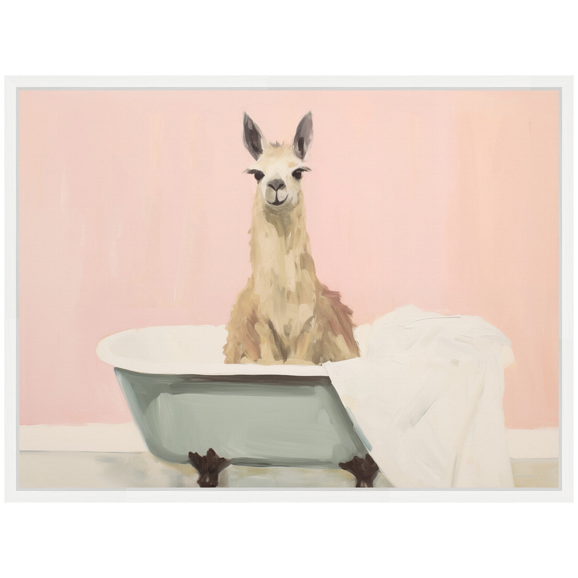 Sylvie Charming Boho Cottage Farmhouse Llama in Bathtub Framed Canvas by The Creative Bunch Studio