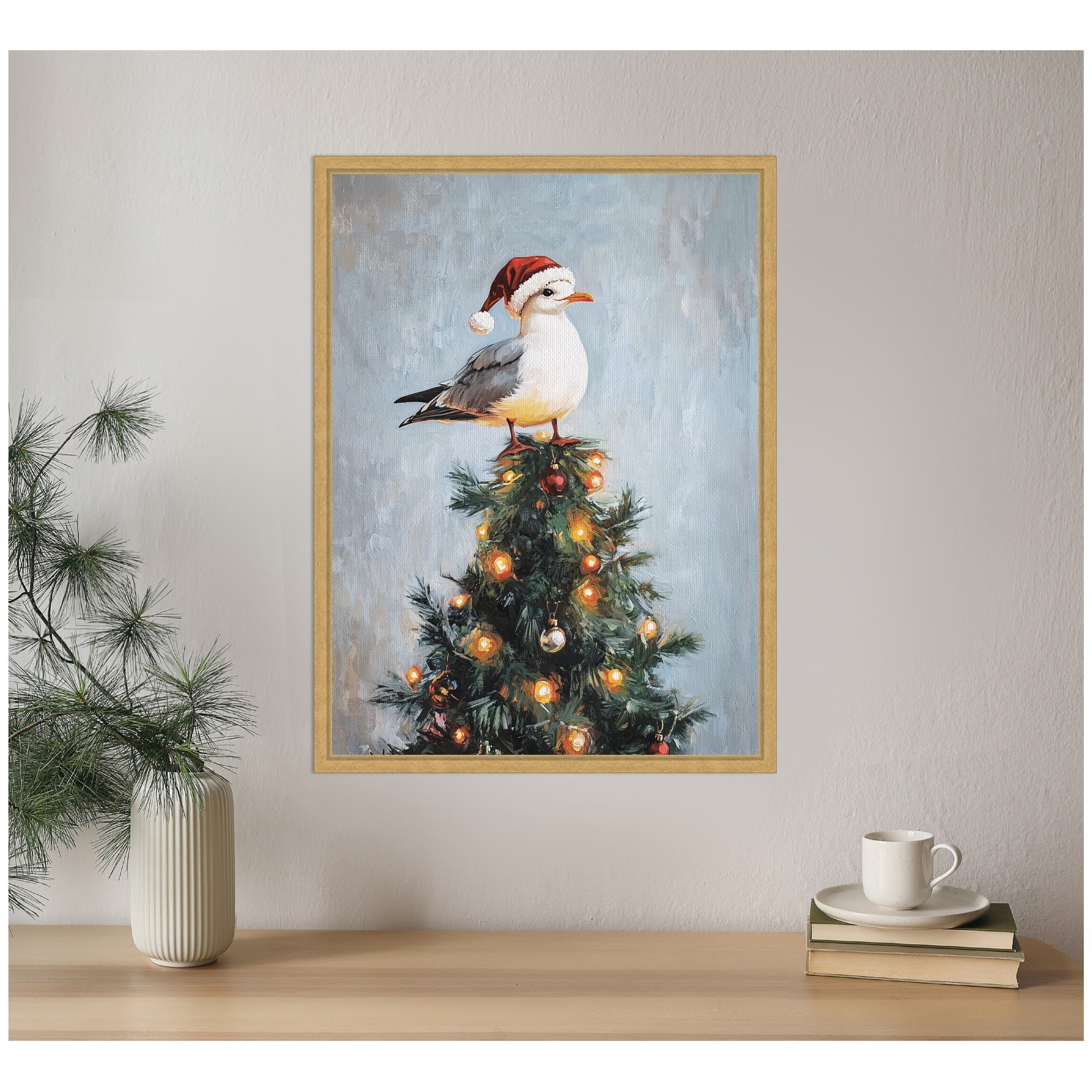 Sylvie Framed Canvas Seagull Santa Hat Festive Holiday Tree by The Creative Bunch Studio