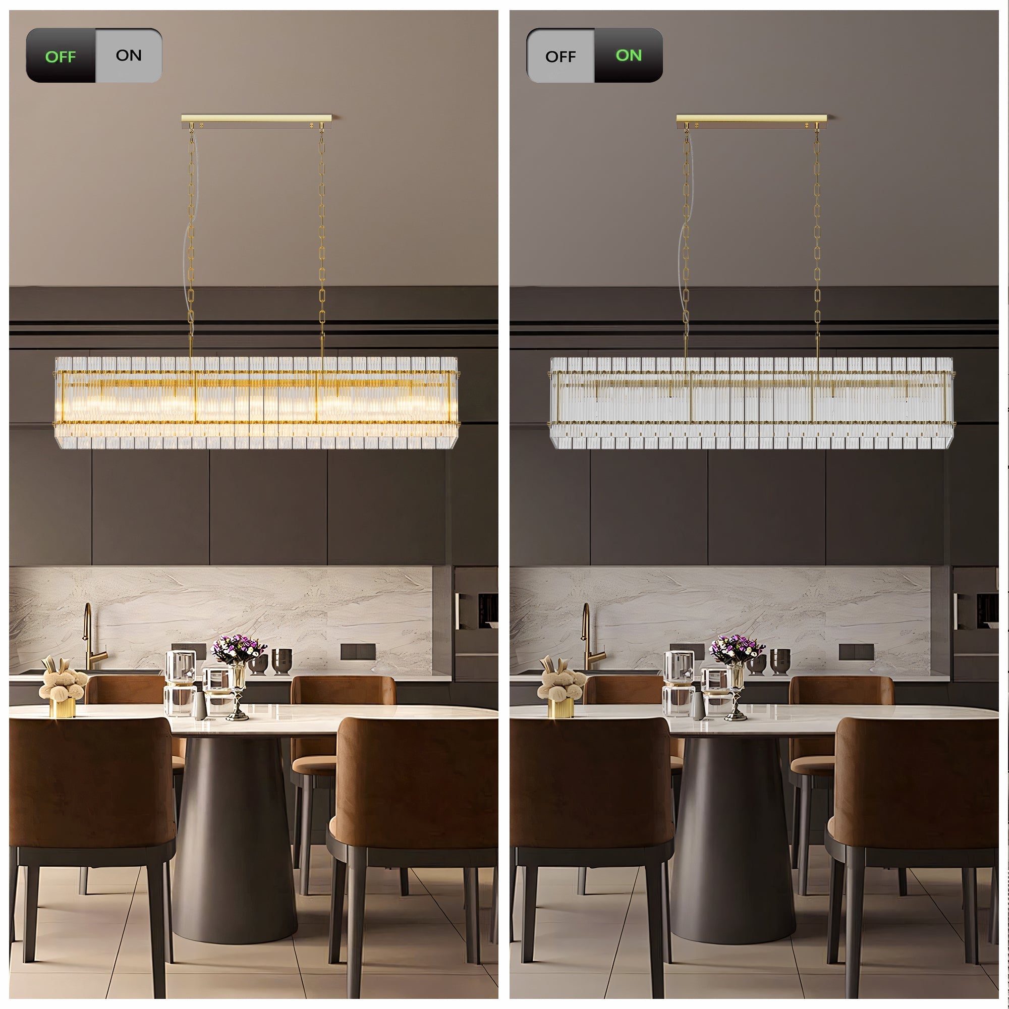 Modern Rectangular Crystal Glass 10-Light Chandelier