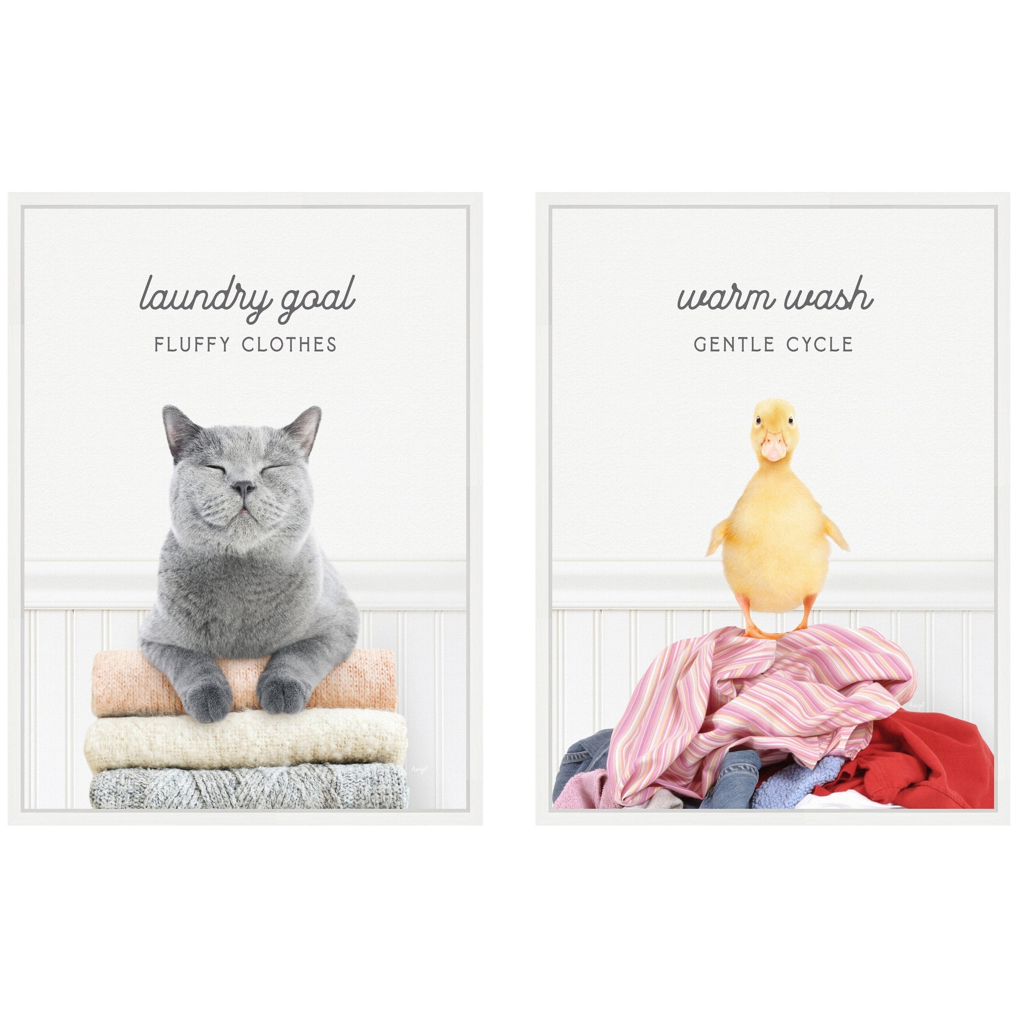 Sylvie Cat Laundry Goals and Ducky Gentle Cycle Framed Canvas Art Set by Amy Peterson