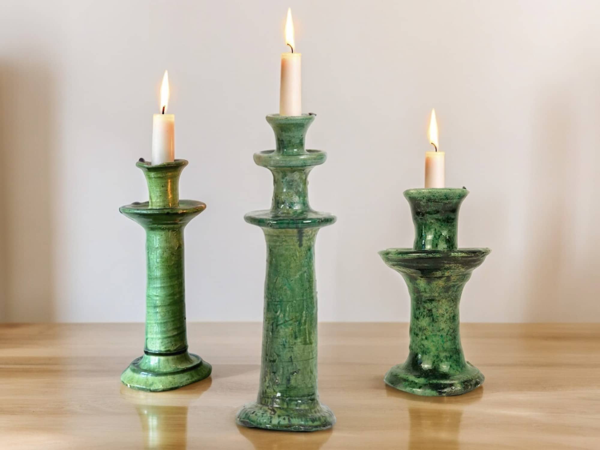 Handmade Moroccan Vintage Tamegroute Green Candlestick Holders: Set of 3 Ceramic Glazed Pottery-0