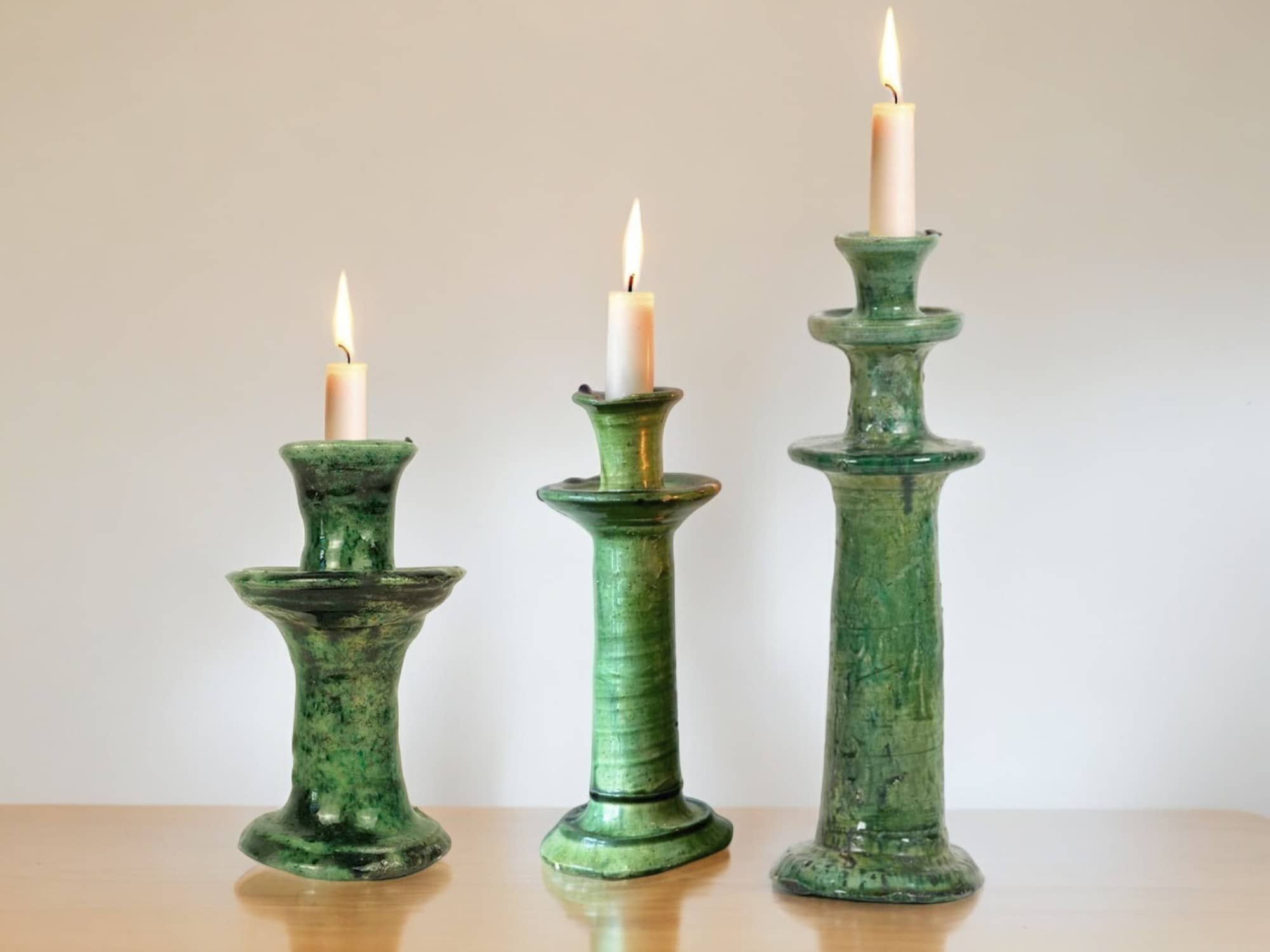 Handmade Moroccan Vintage Tamegroute Green Candlestick Holders: Set of 3 Ceramic Glazed Pottery-1