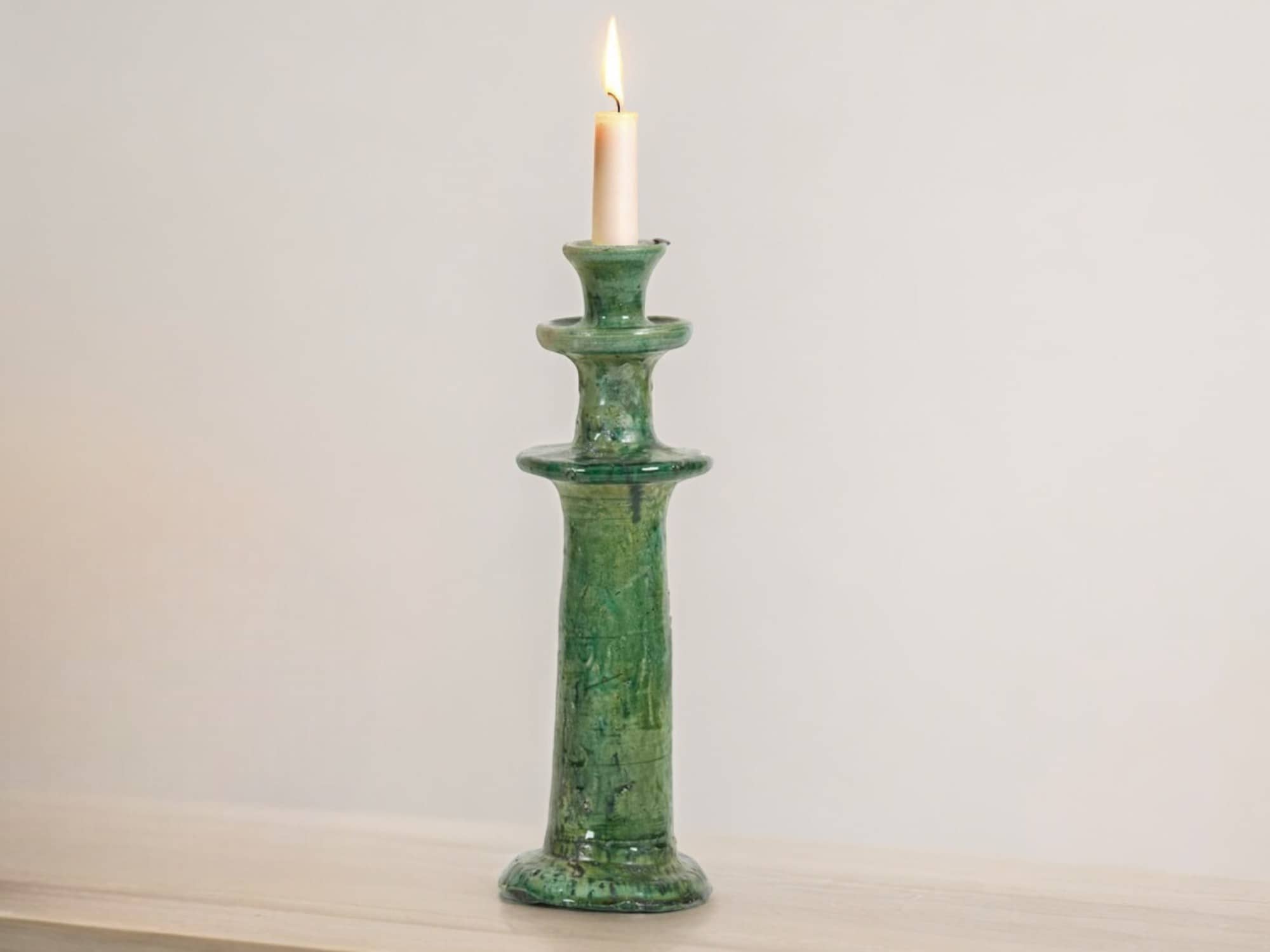 Handmade Moroccan Vintage Tamegroute Green Candlestick Holders: Set of 3 Ceramic Glazed Pottery-2