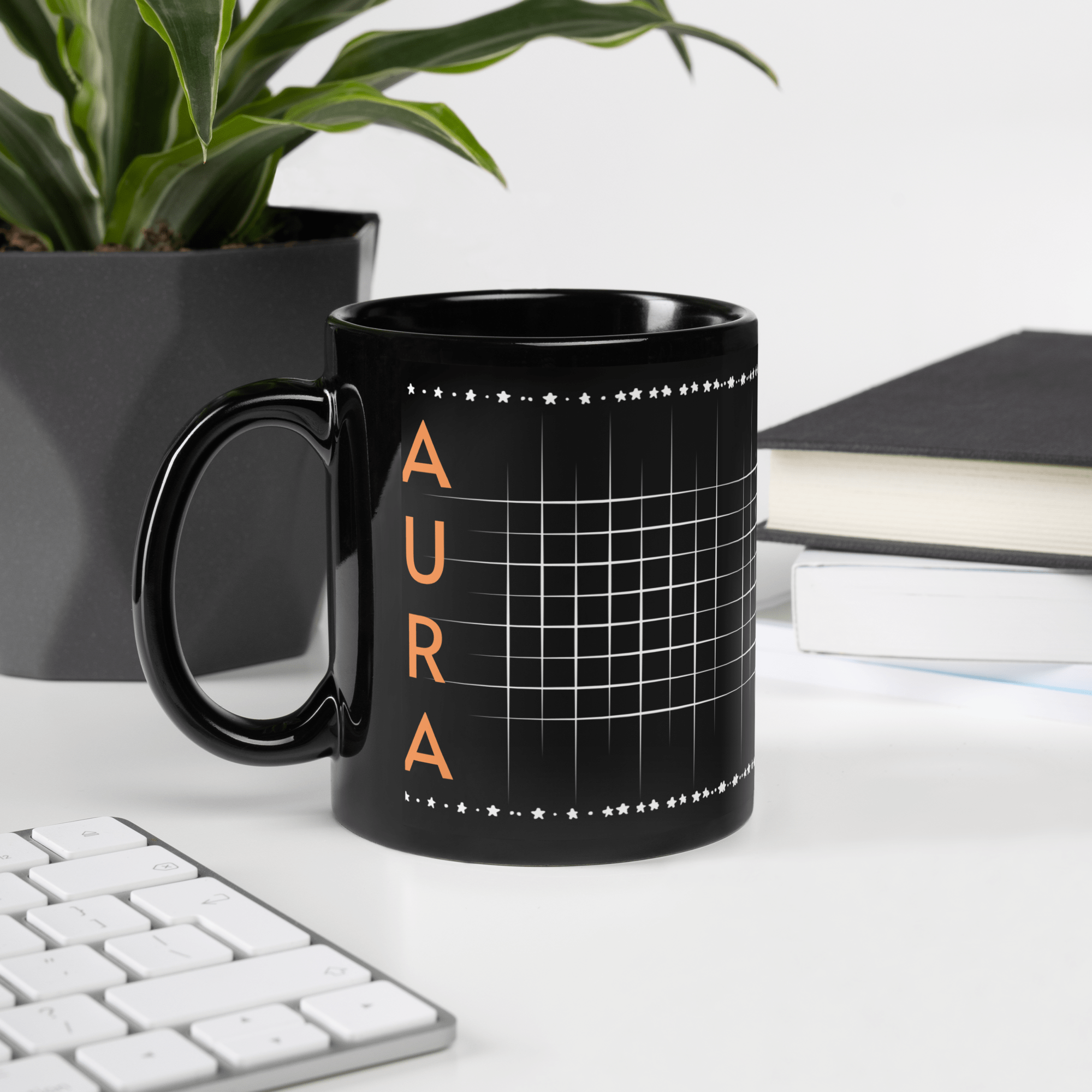 Aura Black Coffee Mugs with Grid design by HadiArts-3