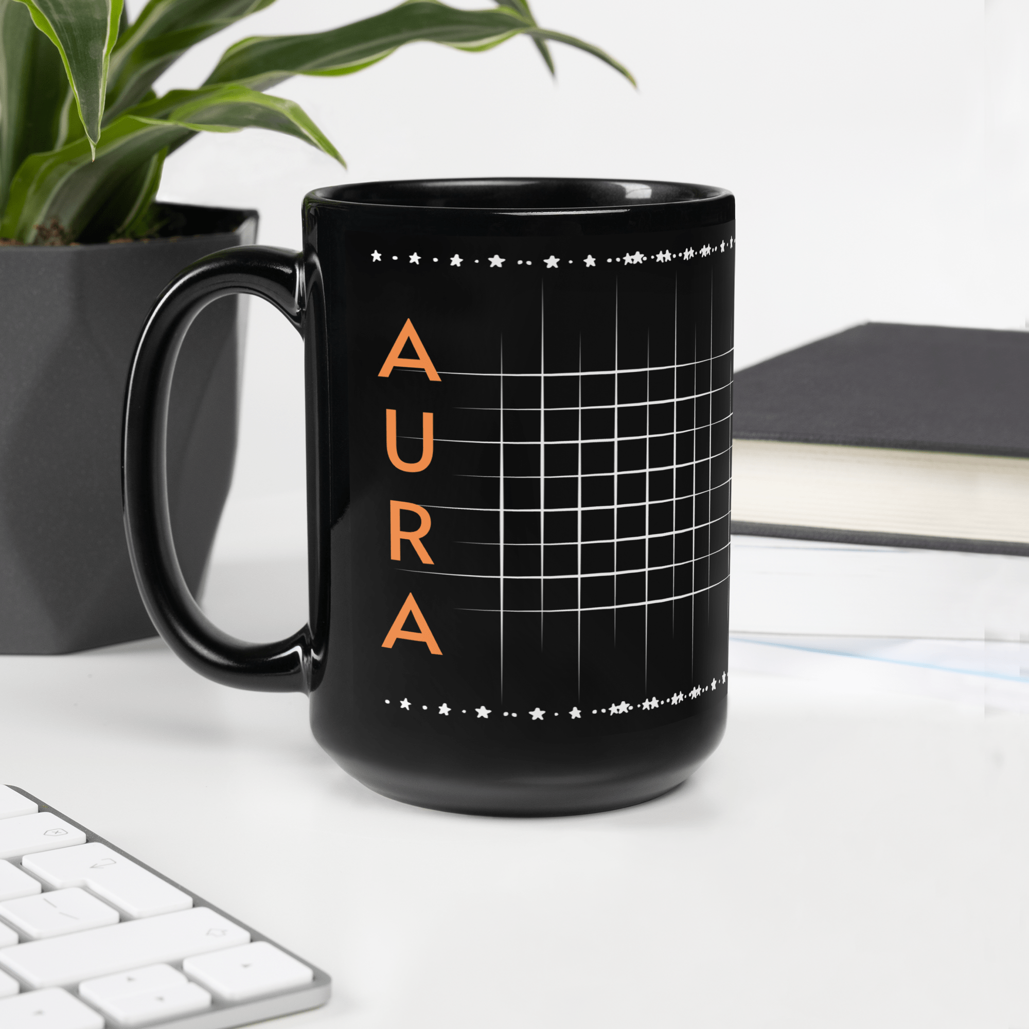 Aura Black Coffee Mugs with Grid design by HadiArts-8