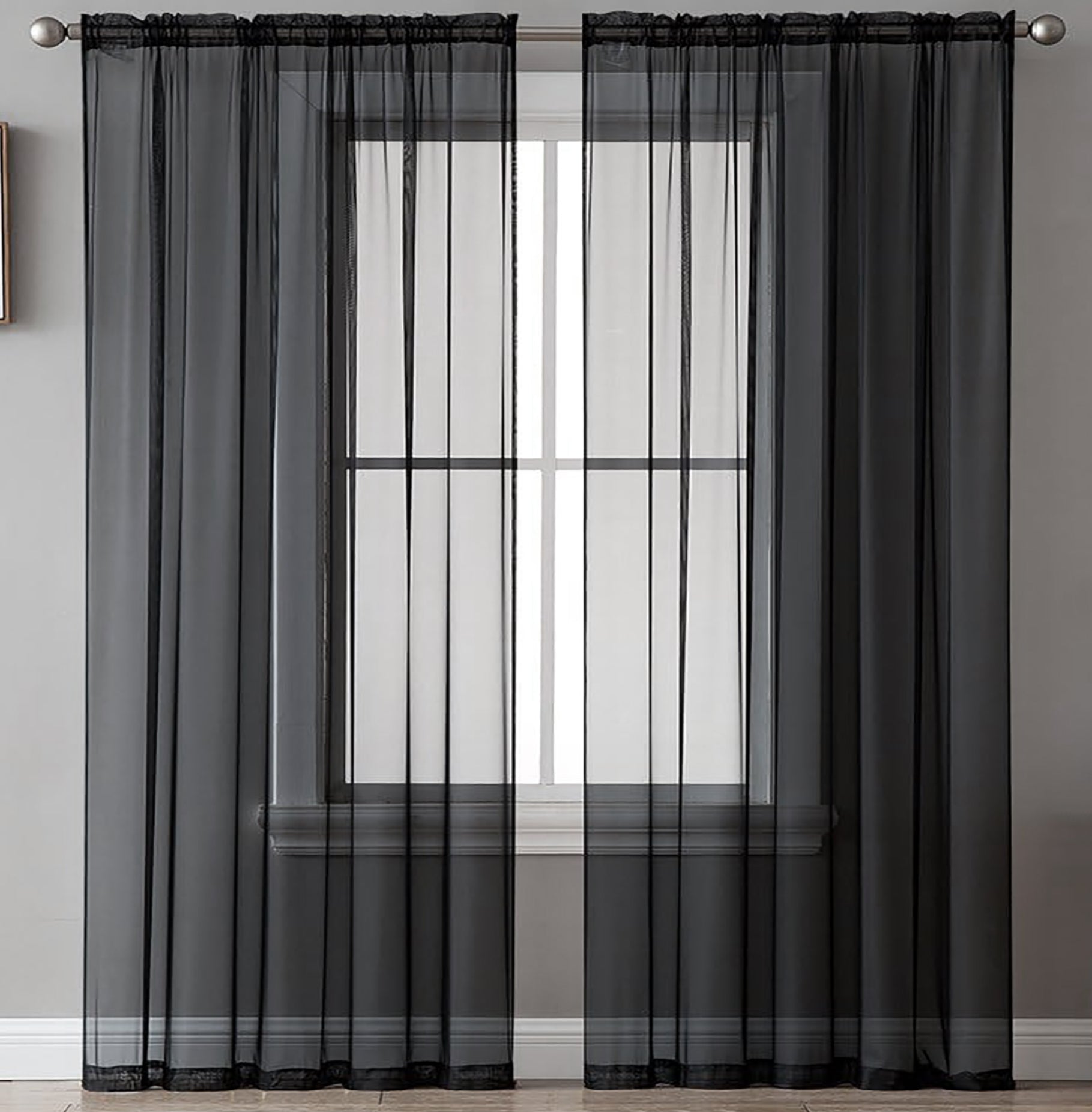 84" Inches Long - Black Sheer Window Rod Pocket Curtain Set (2 Panels)