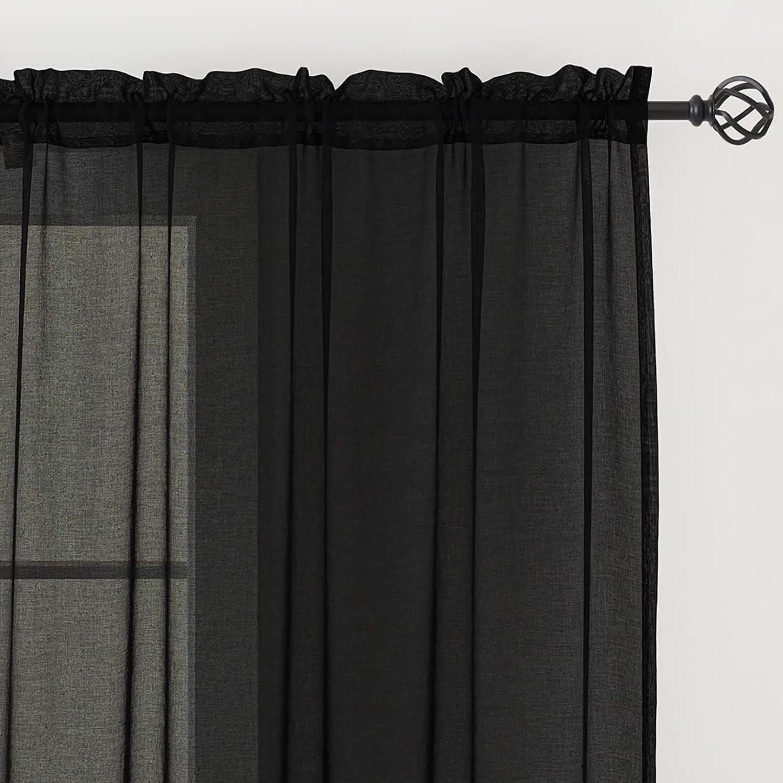 84" Inches Long - Black Sheer Window Rod Pocket Curtain Set (2 Panels)