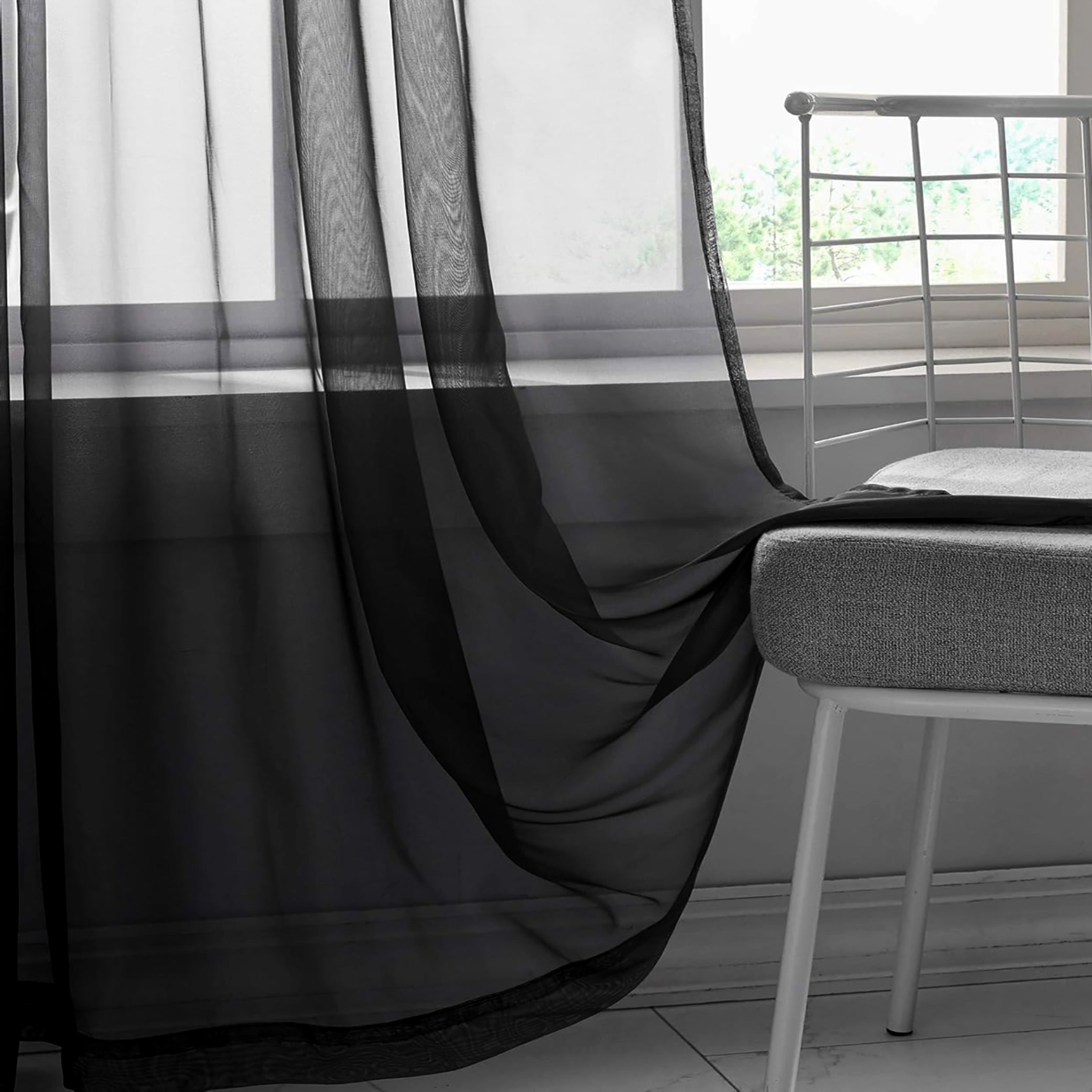 84" Inches Long - Black Sheer Window Rod Pocket Curtain Set (2 Panels)