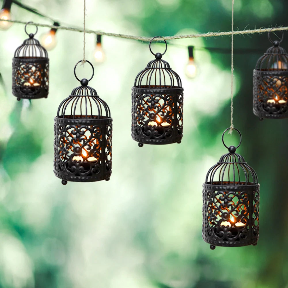 Set of 6 5.5" H Hanging Birdcage Tealight Lantern (Black)-3