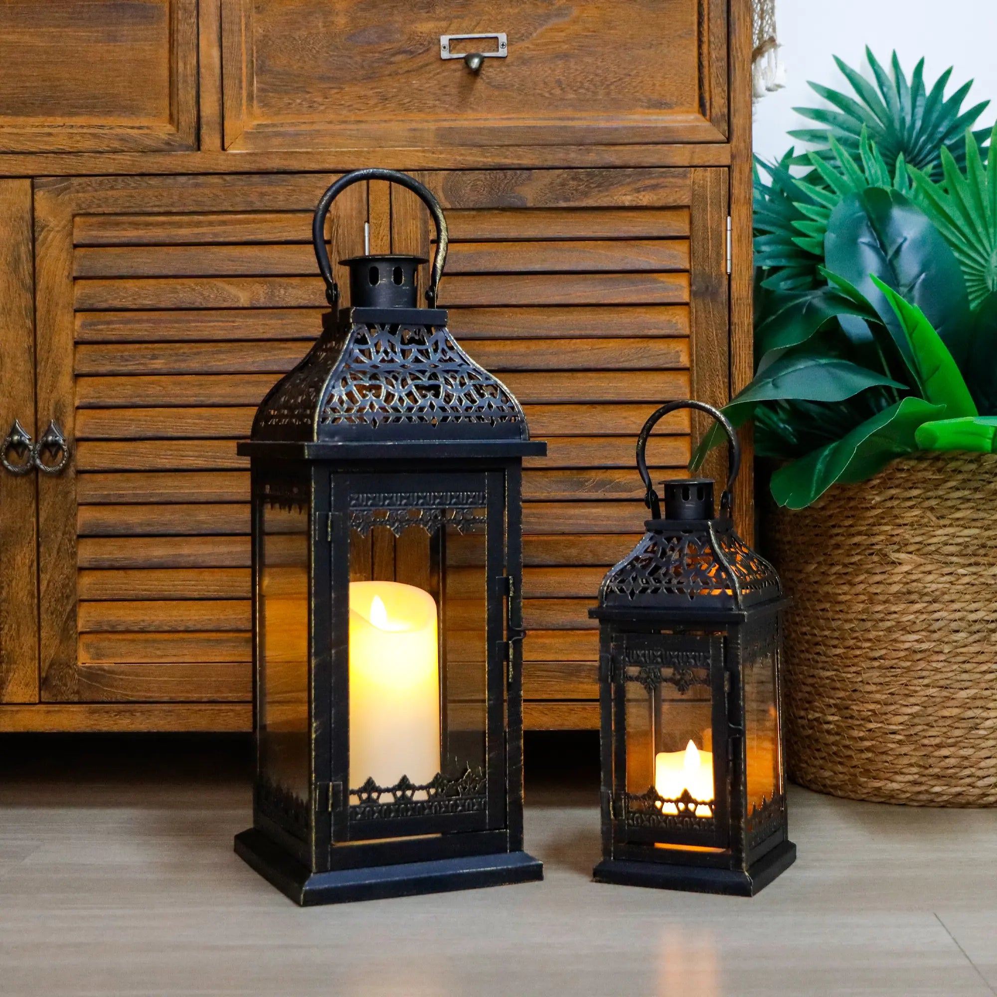Set of 2 13''&19.5''H Candle Lanterns (Black Gold Brush)-1