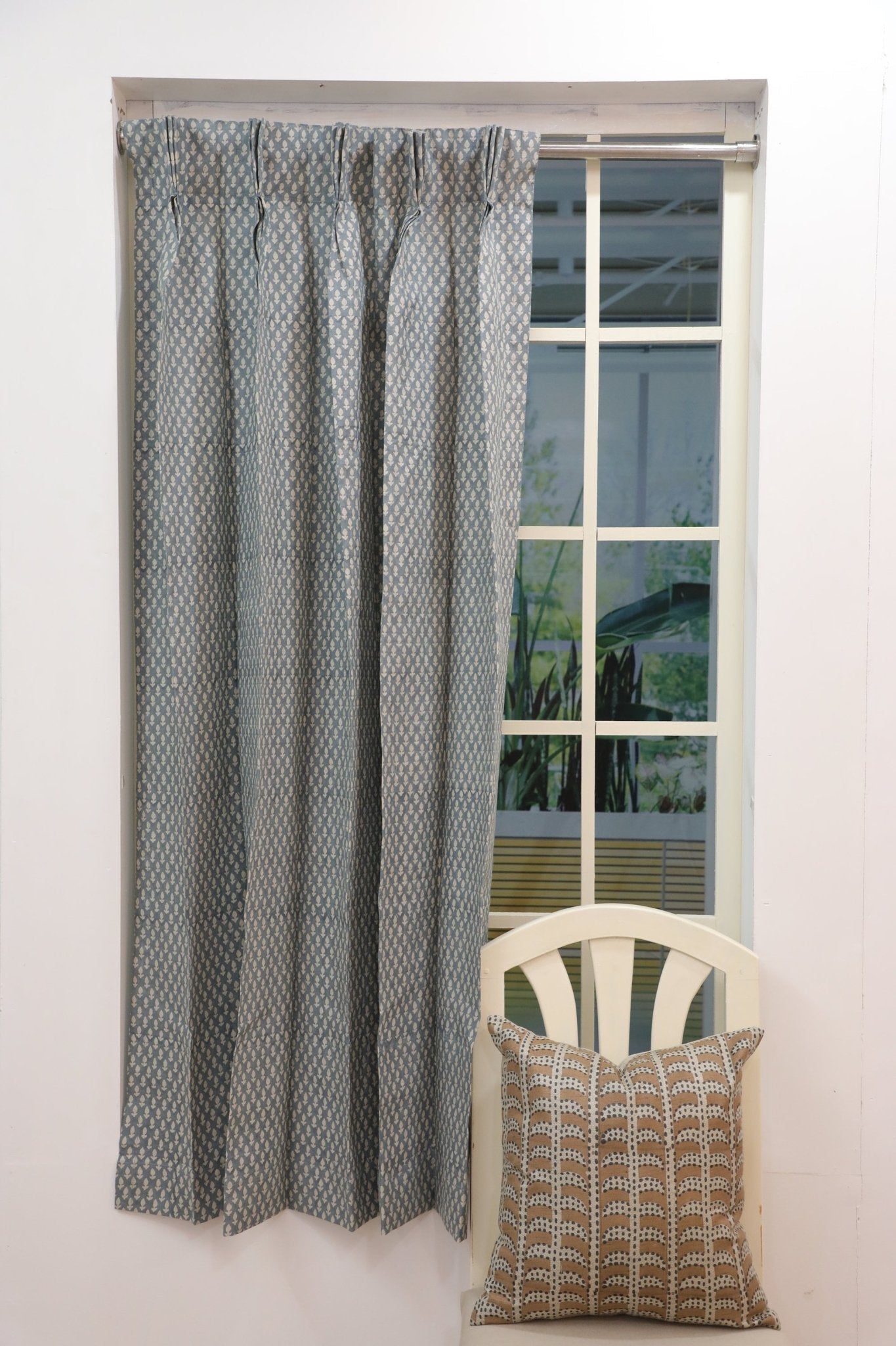Block Print Blue Floral Pinch Pleated Curtains - Hariyali