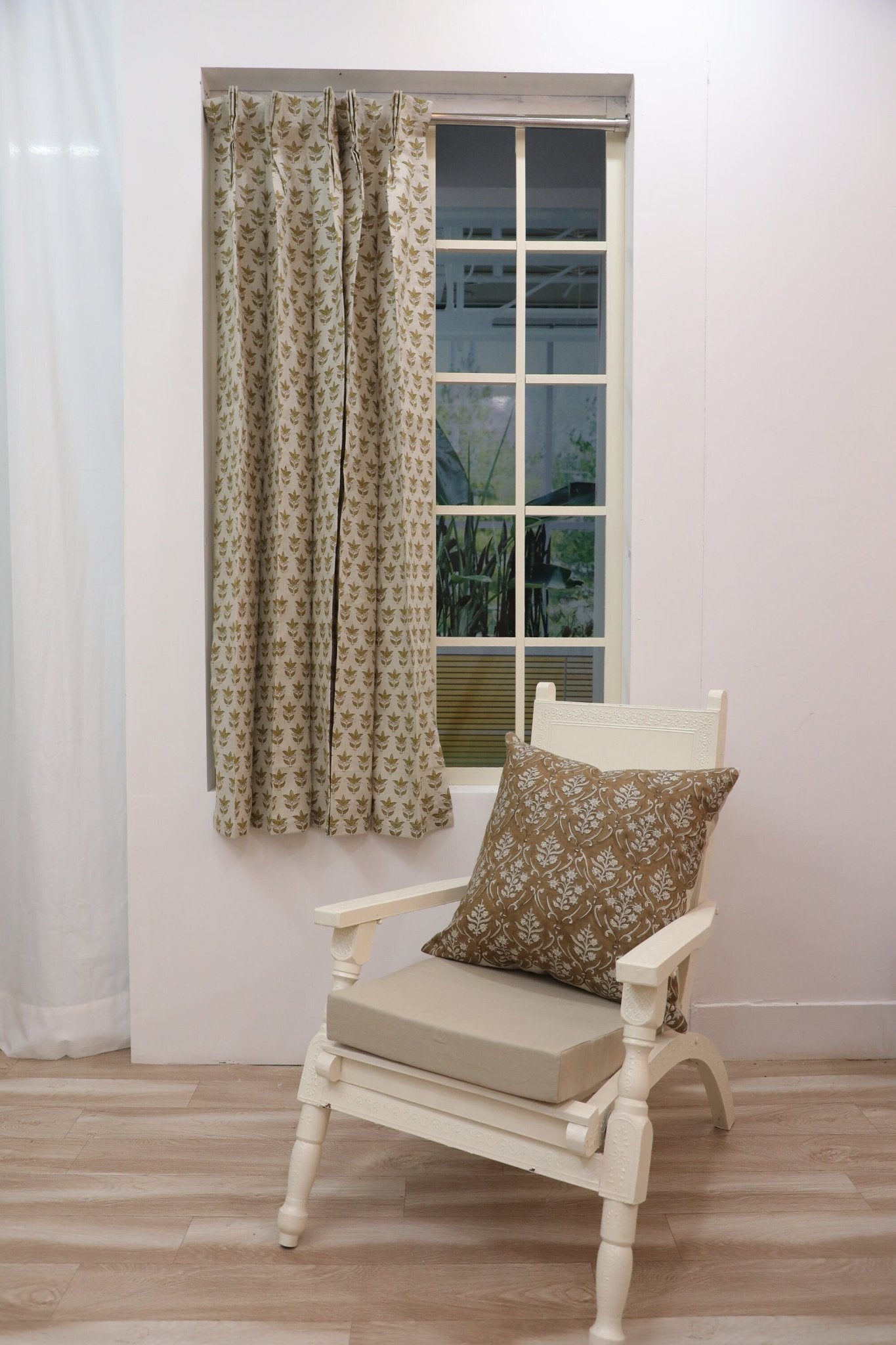Block Print Green Floral Saat Patti Bedroom Curtains