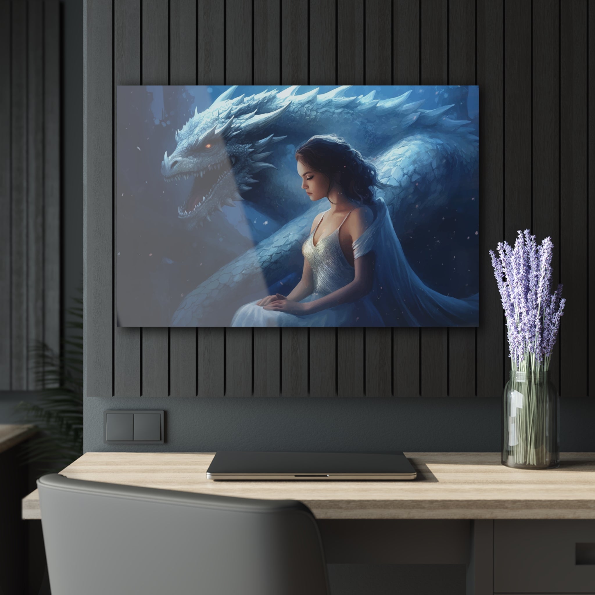 blue Fantasy Dragon on black background, home decor