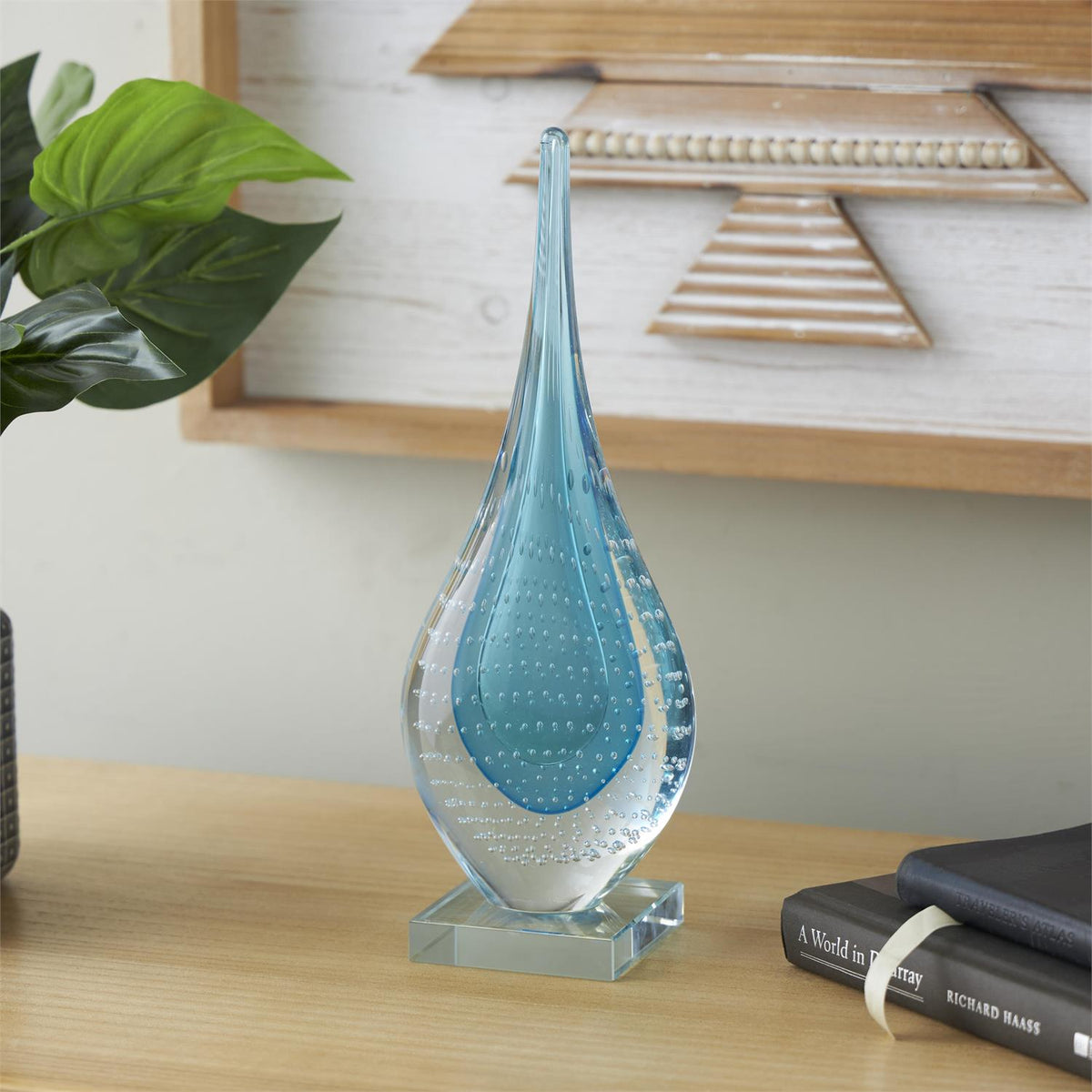 Blue Glass Abstract Teardrop Decorative Sculpture with Clear Bubble Droplets