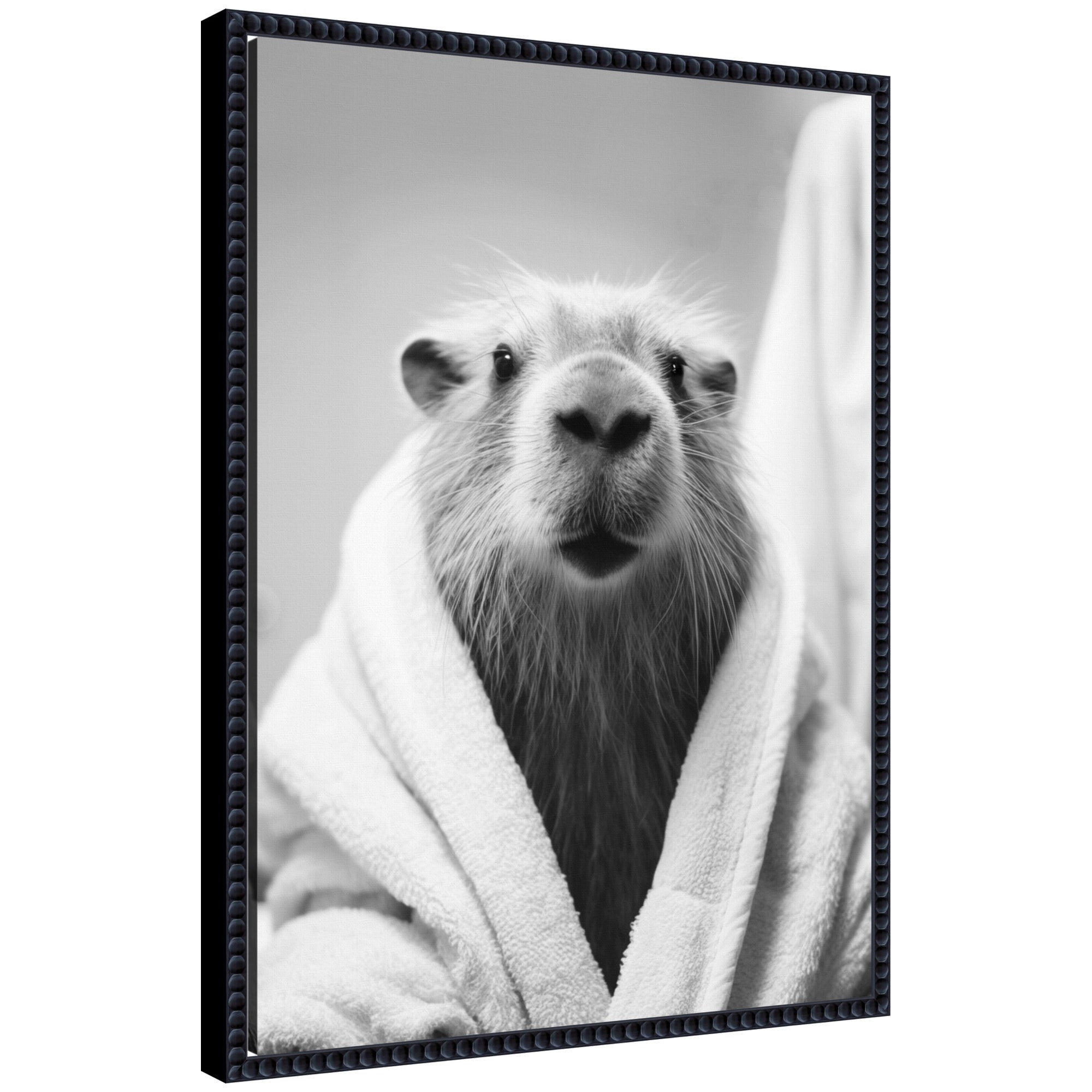 Sylvie Capybara Bathroom Art Towel Robe Black and White Framed Canvas by The Creative Bunch Studio