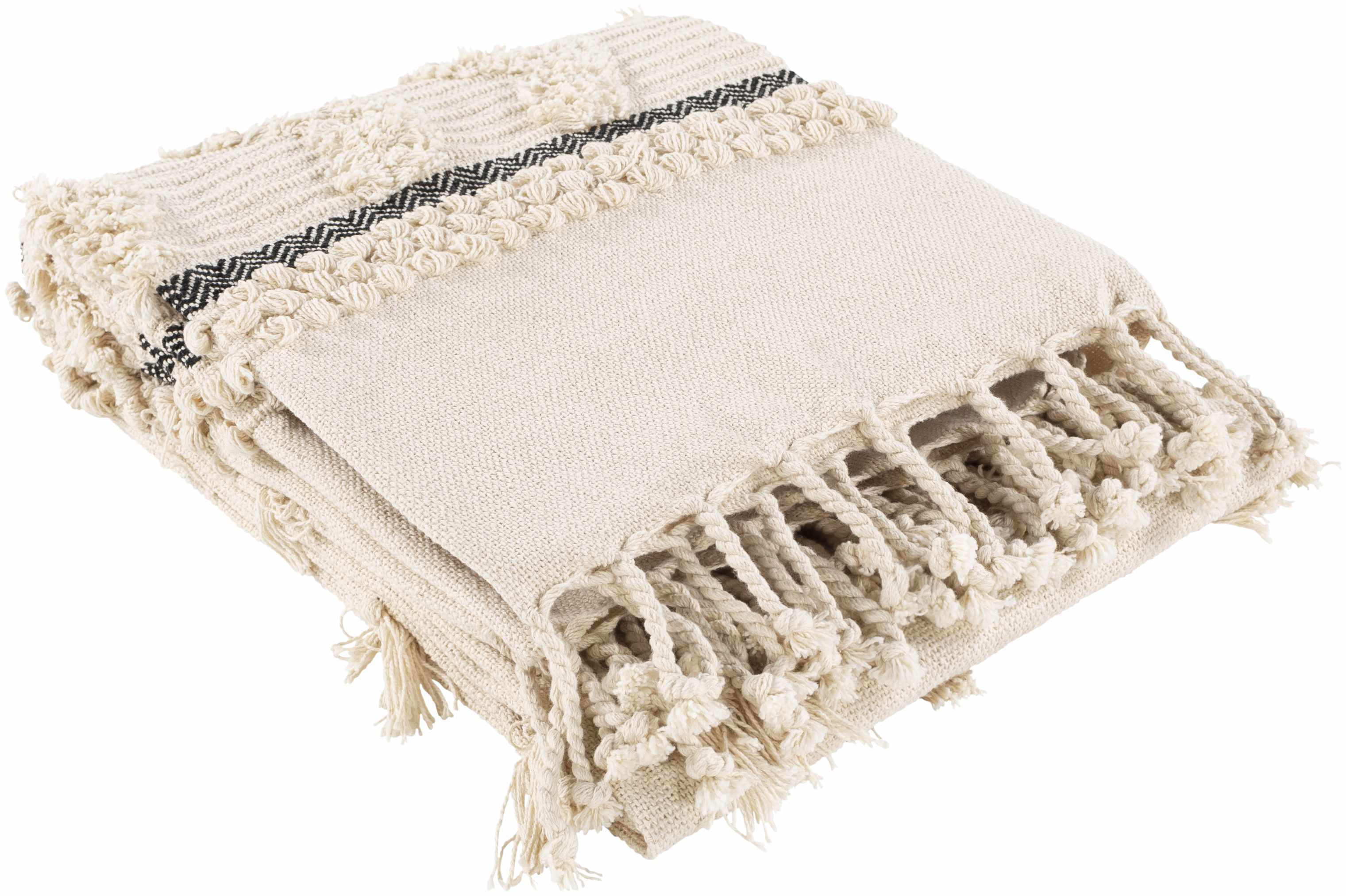 Boondall Ivory Cotton Throw Blanket with tassels-4