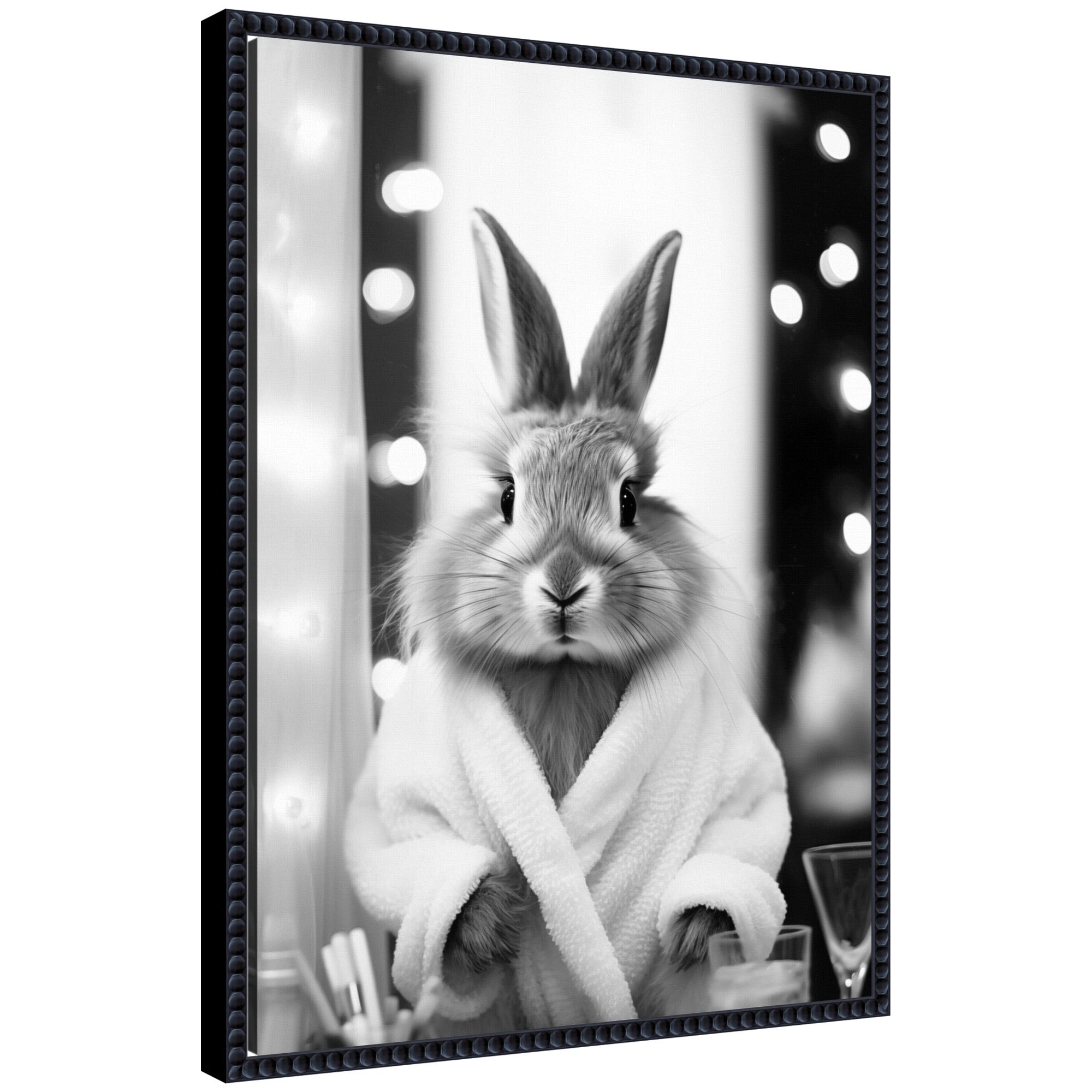 Sylvie Bunny Glam Bathroom Art Towel Robe Black and White Framed Canvas by The Creative Bunch Studio