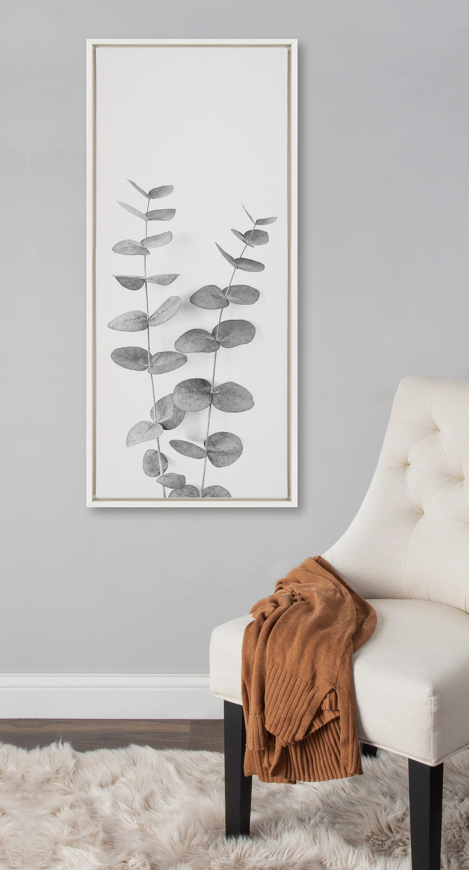 Sylvie Eucalyptus Botanical II Gray and Soft White Framed Canvas by The Creative Bunch Studio