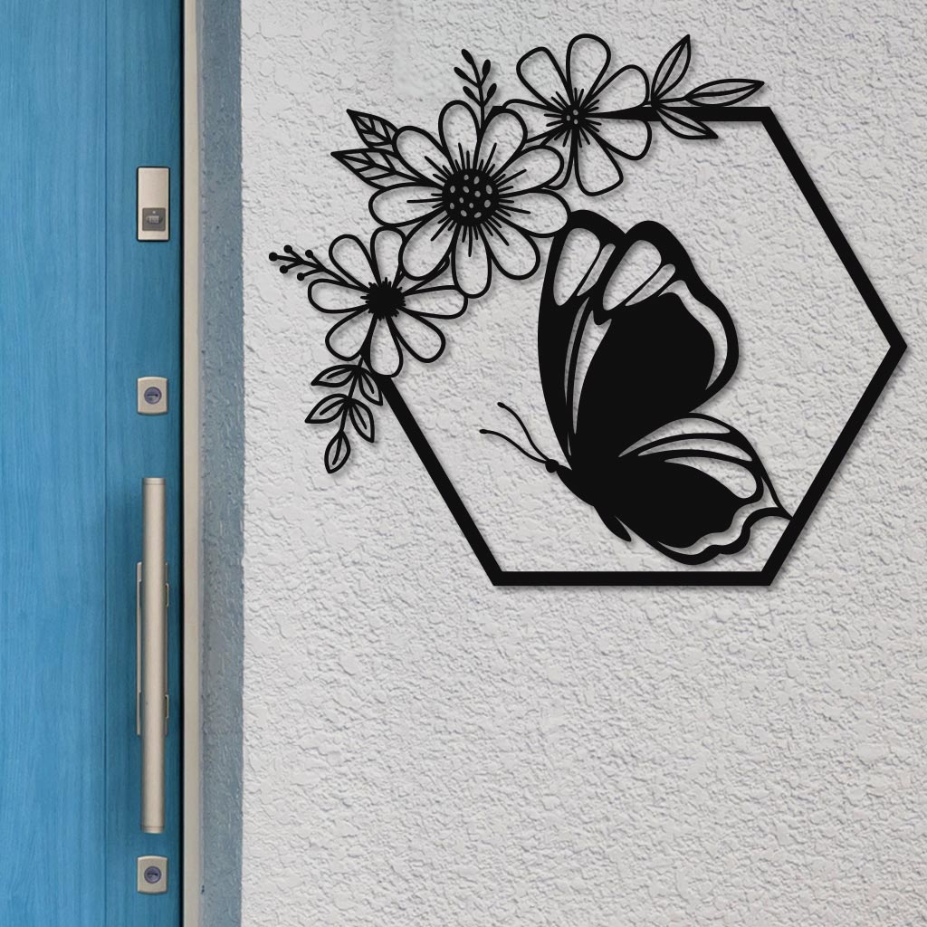 Butterfly in Hexagon with Daisies Sign-0