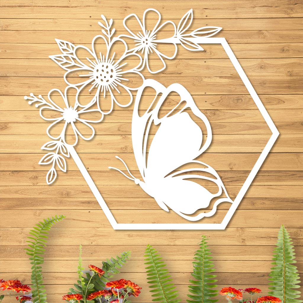 Butterfly in Hexagon with Daisies Sign-1