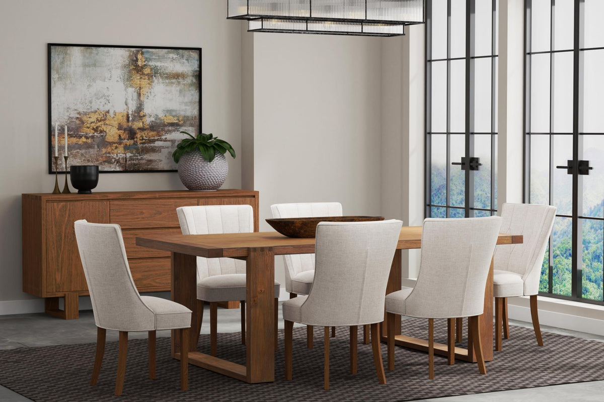 84 Inch Farmhouse Dining Table with Sled Base, Solid Pine Wood, Seats 6 to 8, Warm Oak