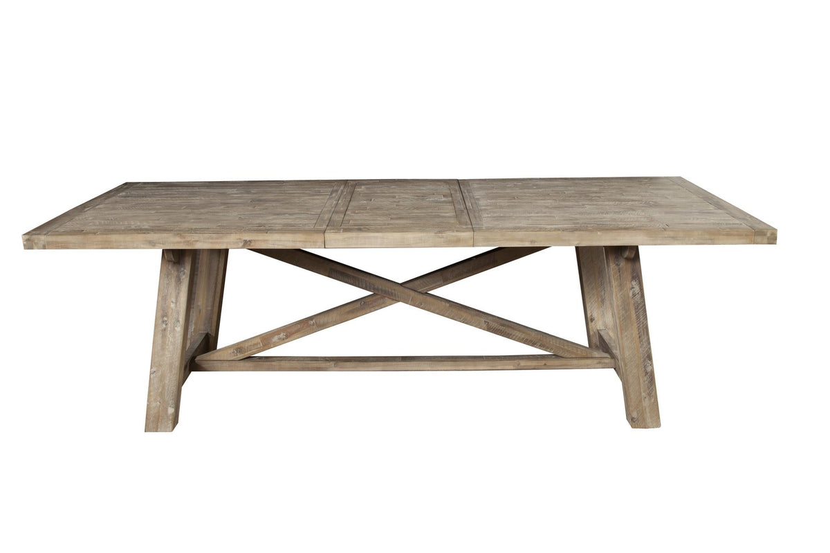 Extendable Farmhouse Dining Table with X Trestle Base, Solid Acacia Hardwood, Seats 6 to 10, Weathered Natural