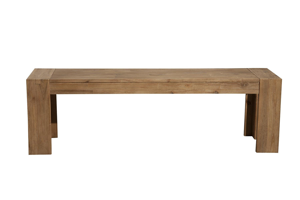 58 Inch Farmhouse Dining Bench, Solid Acacia Wood, Seats 2 to 3, Weathered Natural