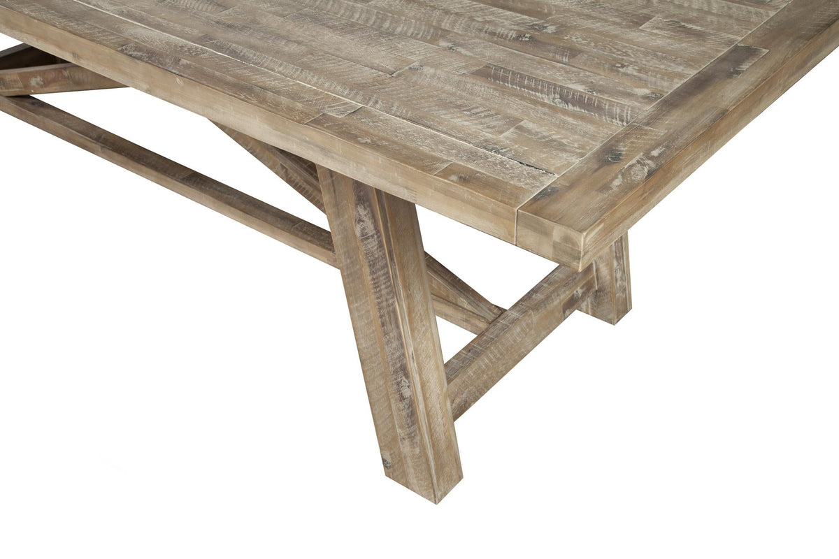 Extendable Farmhouse Dining Table with X Trestle Base, Solid Acacia Hardwood, Seats 6 to 10, Weathered Natural