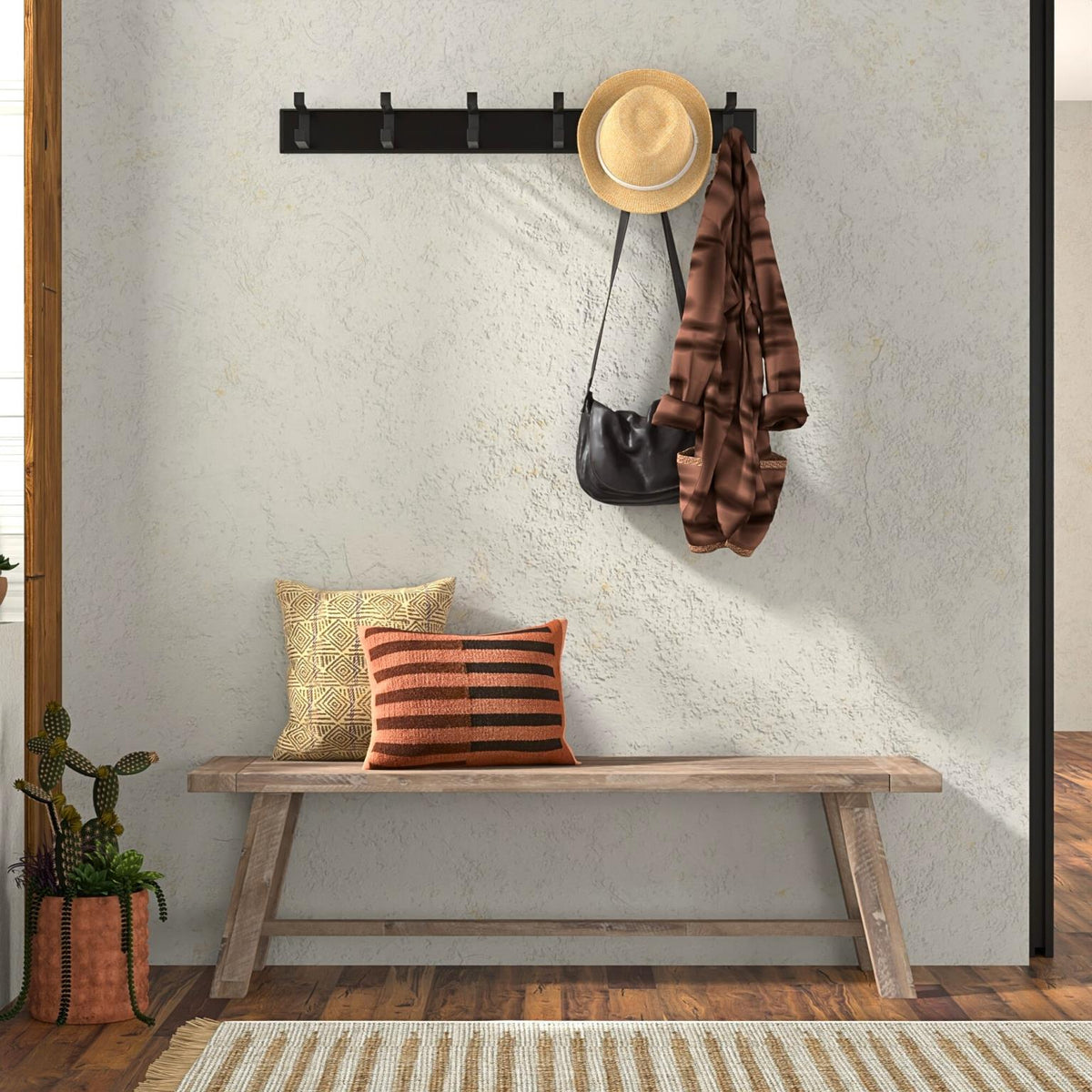 60 Inch Farmhouse Dining Bench, Solid Acacia Wood, Seats 2 to 3, Weathered Natural