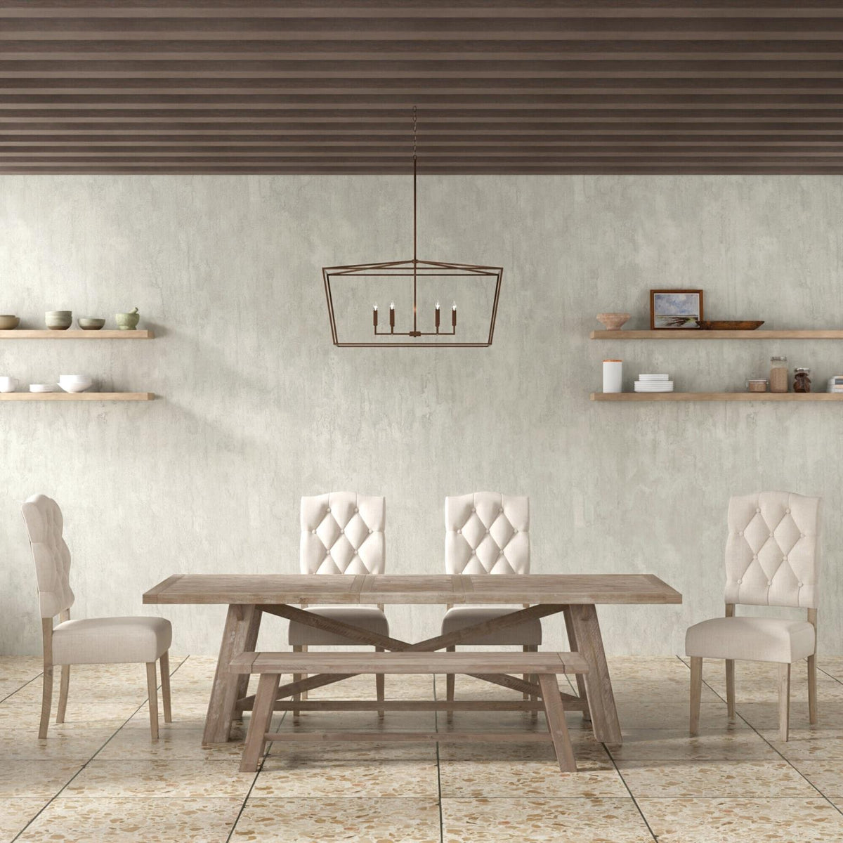 60 Inch Farmhouse Dining Bench, Solid Acacia Wood, Seats 2 to 3, Weathered Natural