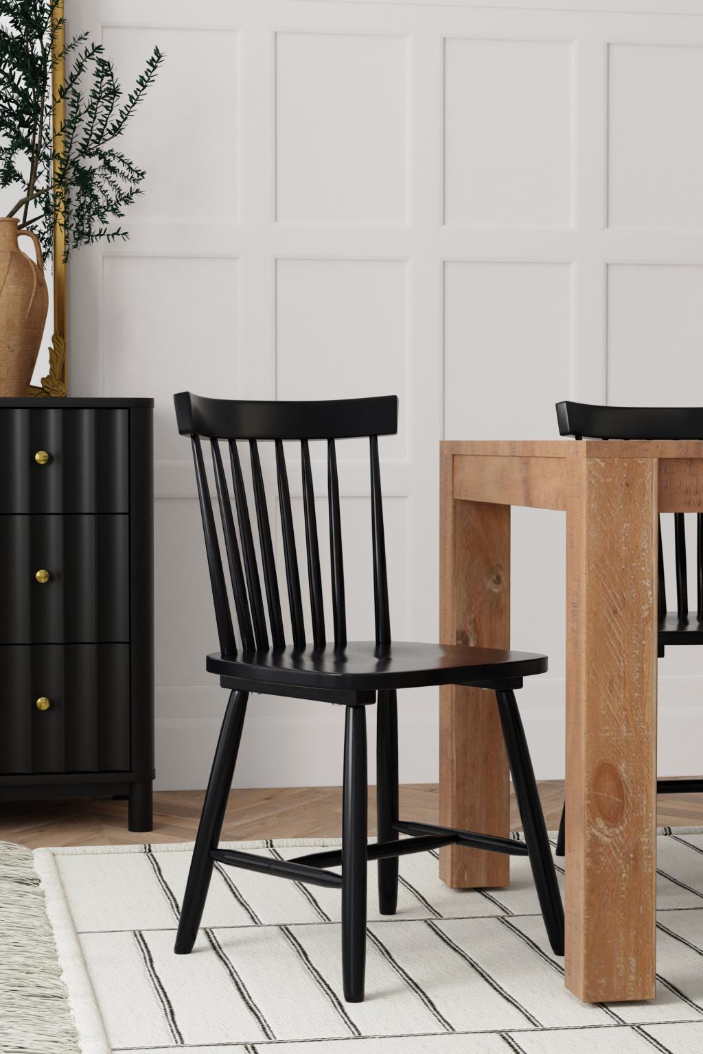 Windsor Spindle Back Dining Chairs Set of 2, Solid Rubberwood, Onyx Black