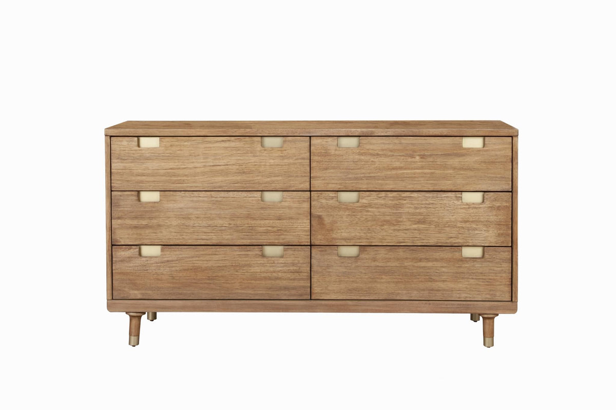 Scandinavian 6 Drawer Double Dresser, 60 Inch Solid Mahogany, Fully Assembled, Light Oak Brown