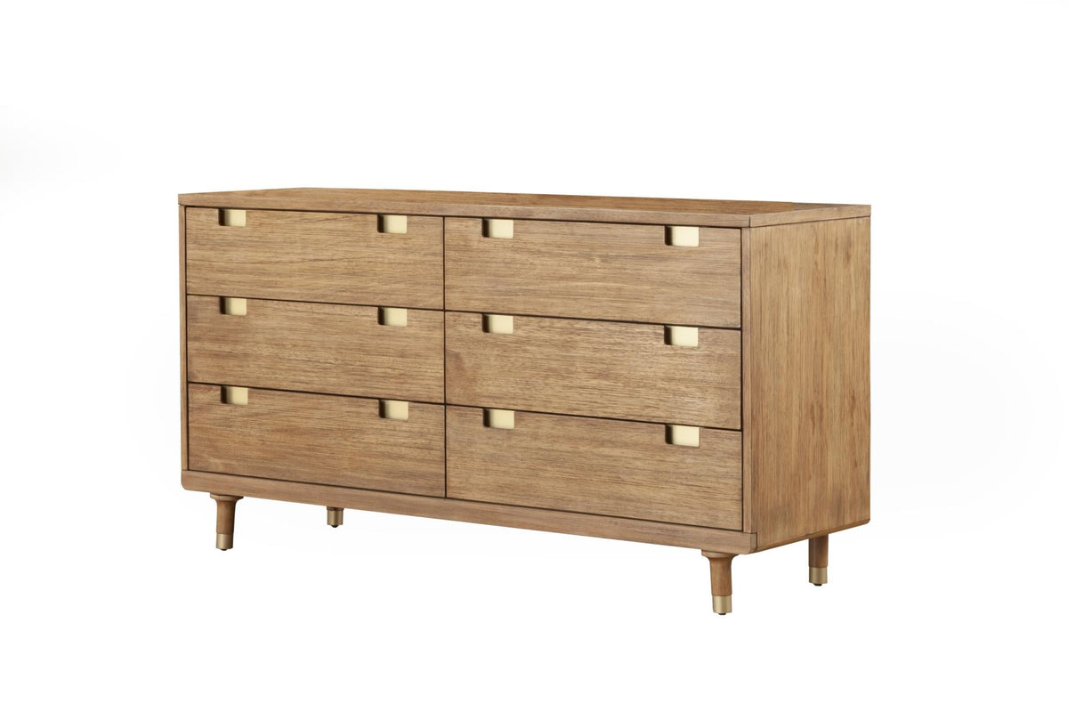 Scandinavian 6 Drawer Double Dresser, 60 Inch Solid Mahogany, Fully Assembled, Light Oak Brown