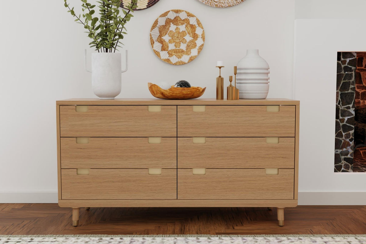 Scandinavian 6 Drawer Double Dresser, 60 Inch Solid Mahogany, Fully Assembled, Light Oak Brown