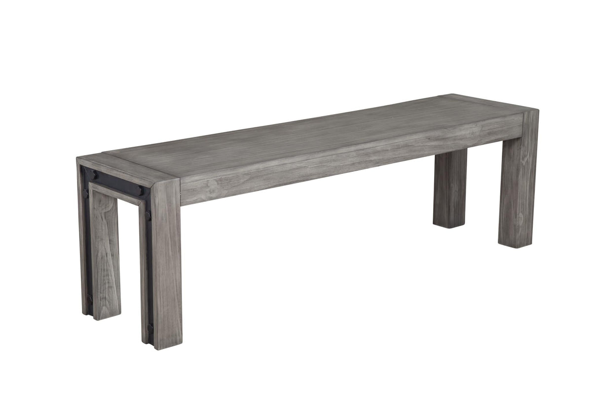 59 Inch Industrial Entryway Bench with Black Metal Trim, Solid Pine, Rustic Gray