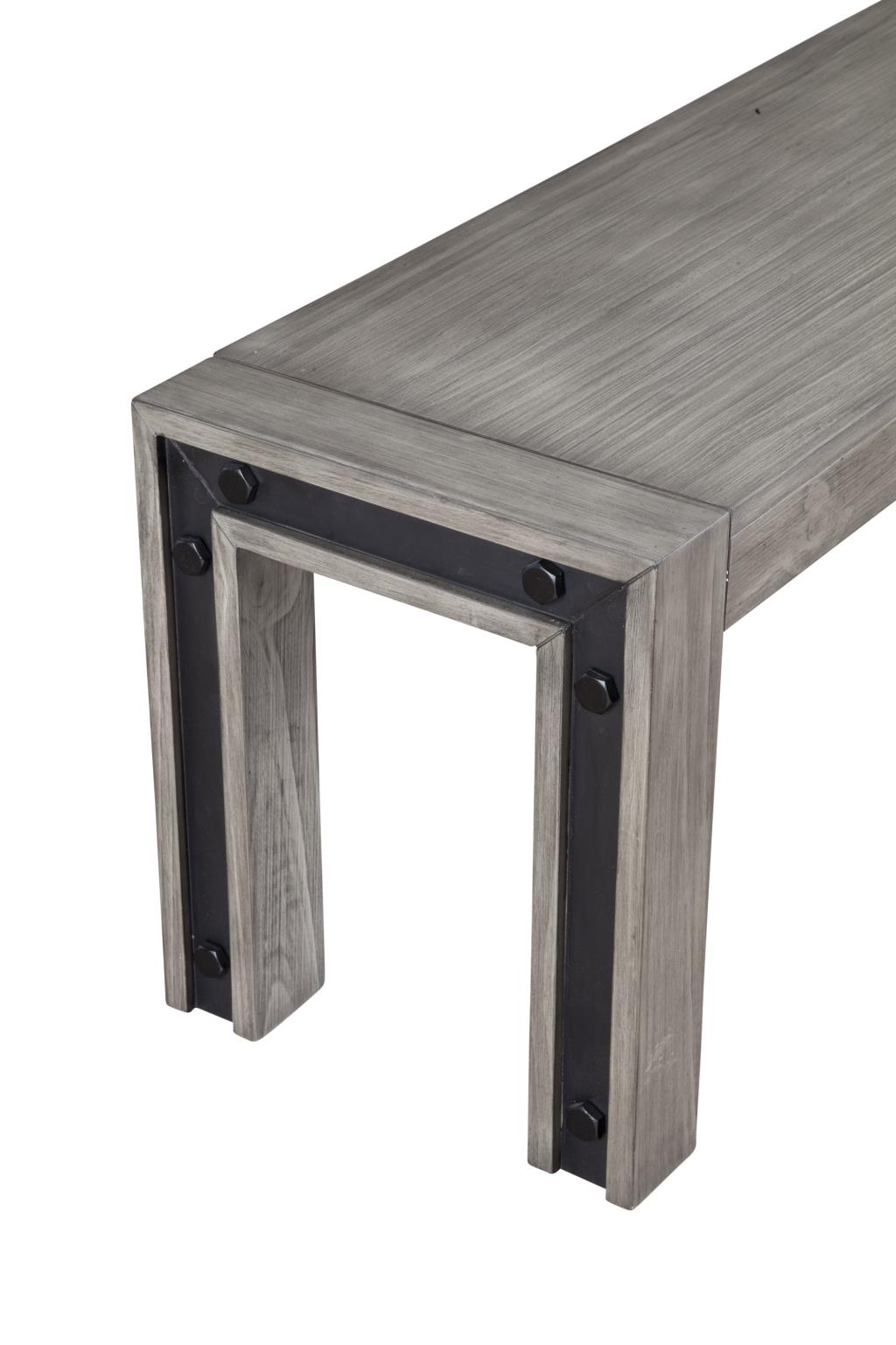 59 Inch Industrial Entryway Bench with Black Metal Trim, Solid Pine, Rustic Gray