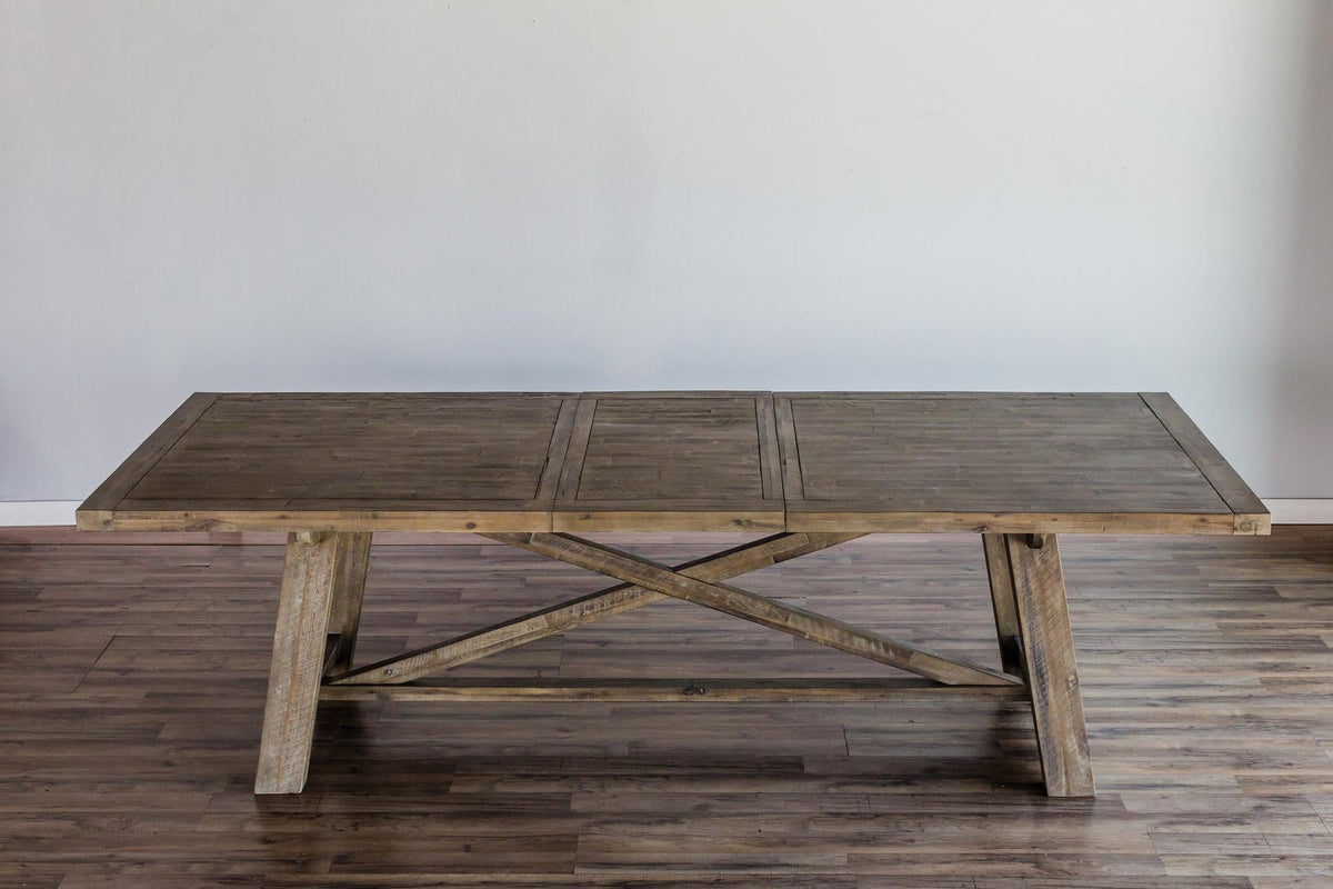 Extendable Farmhouse Dining Table with X Trestle Base, Solid Acacia Hardwood, Seats 6 to 10, Weathered Natural