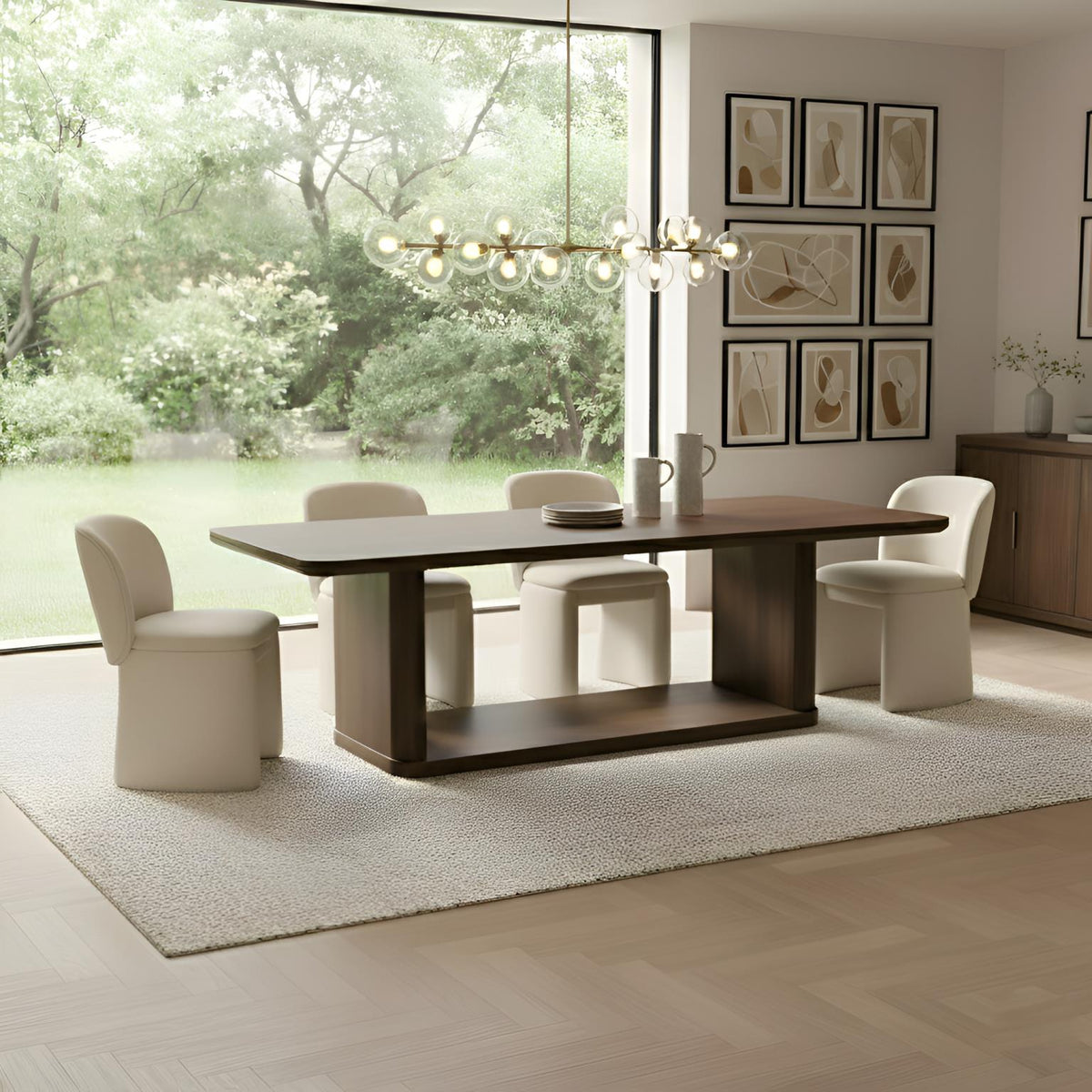 94 Inch Large Rectangular Dining Table with Open Panel Base, Seats 8 to 10, Rich Walnut Brown