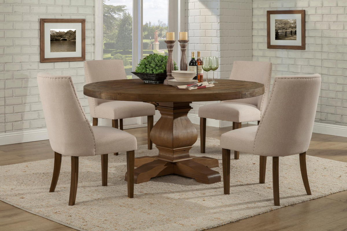 Round Pedestal Farmhouse Dining Table with Inlay Top, Solid Pine, Seats 6 to 8, Warm Reclaimed Brown