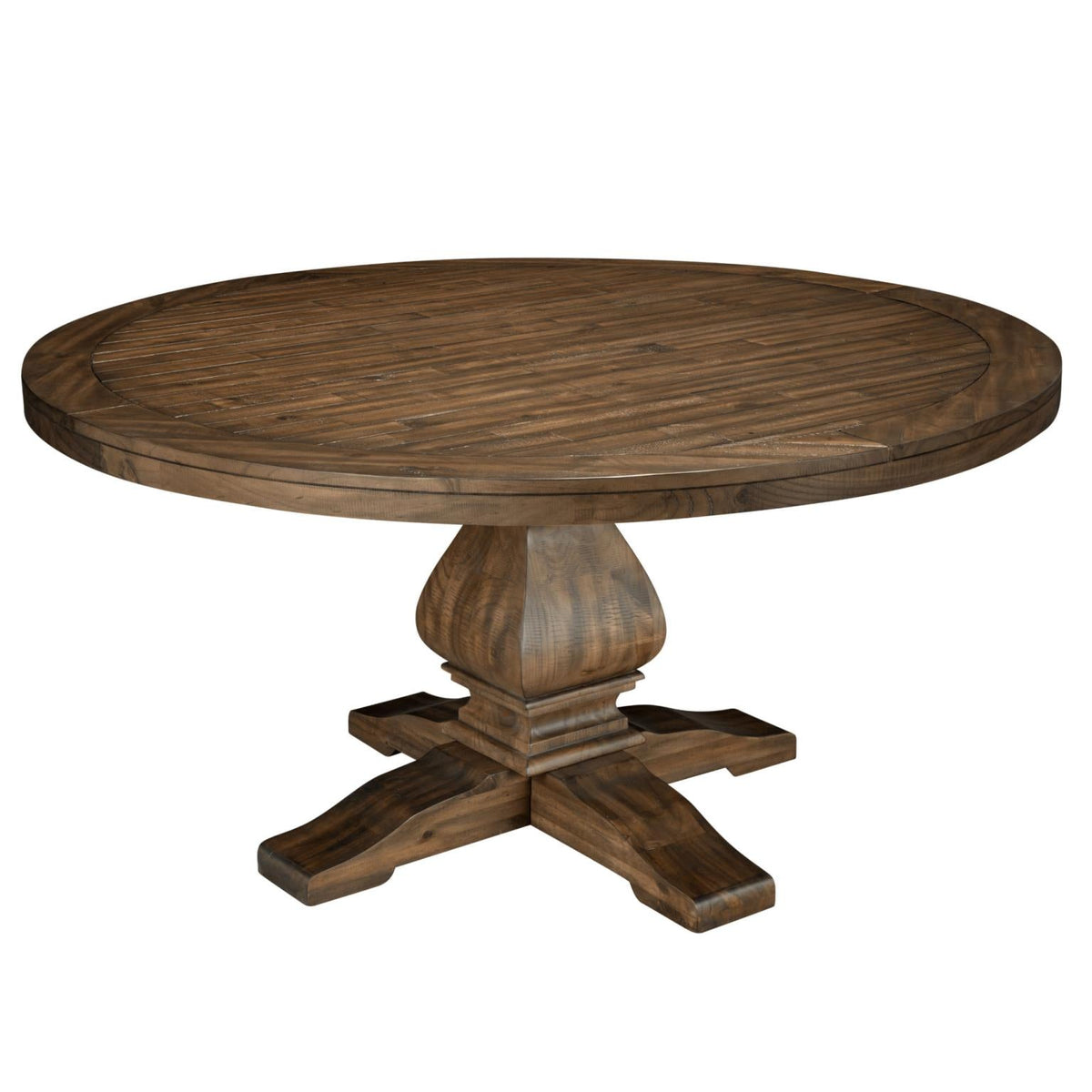 Round Pedestal Farmhouse Dining Table with Inlay Top, Solid Pine, Seats 6 to 8, Warm Reclaimed Brown