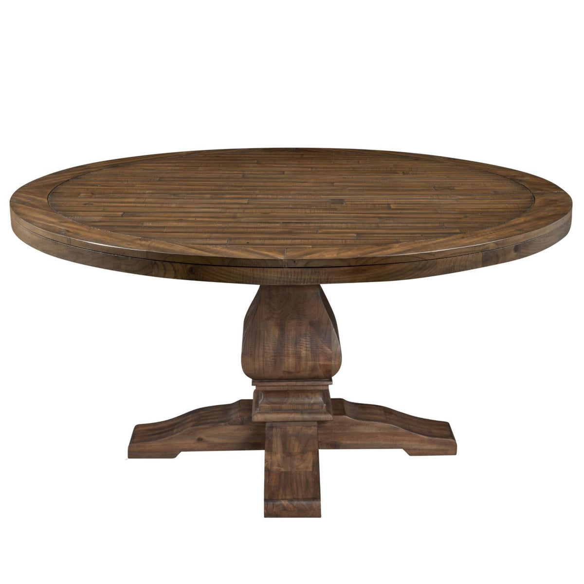 Round Pedestal Farmhouse Dining Table with Inlay Top, Solid Pine, Seats 6 to 8, Warm Reclaimed Brown