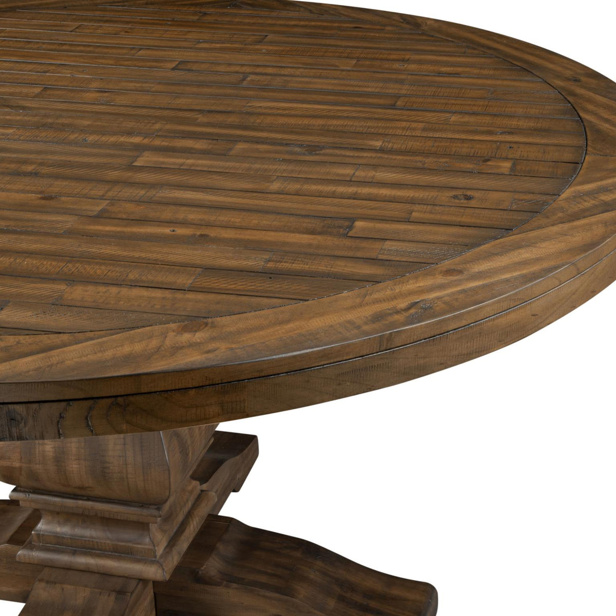 Round Pedestal Farmhouse Dining Table with Inlay Top, Solid Pine, Seats 6 to 8, Warm Reclaimed Brown