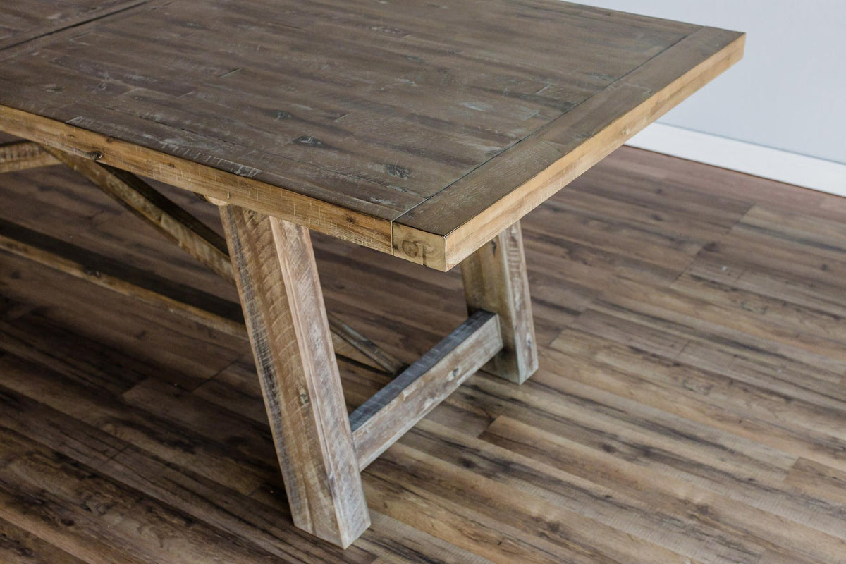 Extendable Farmhouse Dining Table with X Trestle Base, Solid Acacia Hardwood, Seats 6 to 10, Weathered Natural