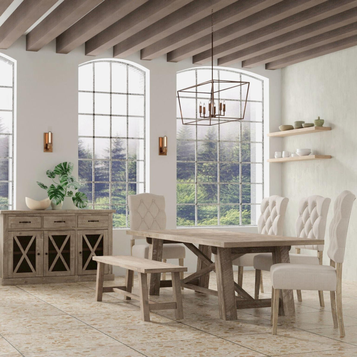 Extendable Farmhouse Dining Table with X Trestle Base, Solid Acacia Hardwood, Seats 6 to 10, Weathered Natural