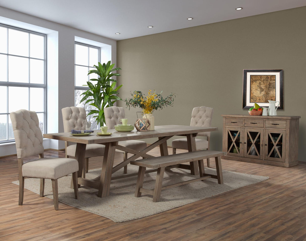 Extendable Farmhouse Dining Table with X Trestle Base, Solid Acacia Hardwood, Seats 6 to 10, Weathered Natural