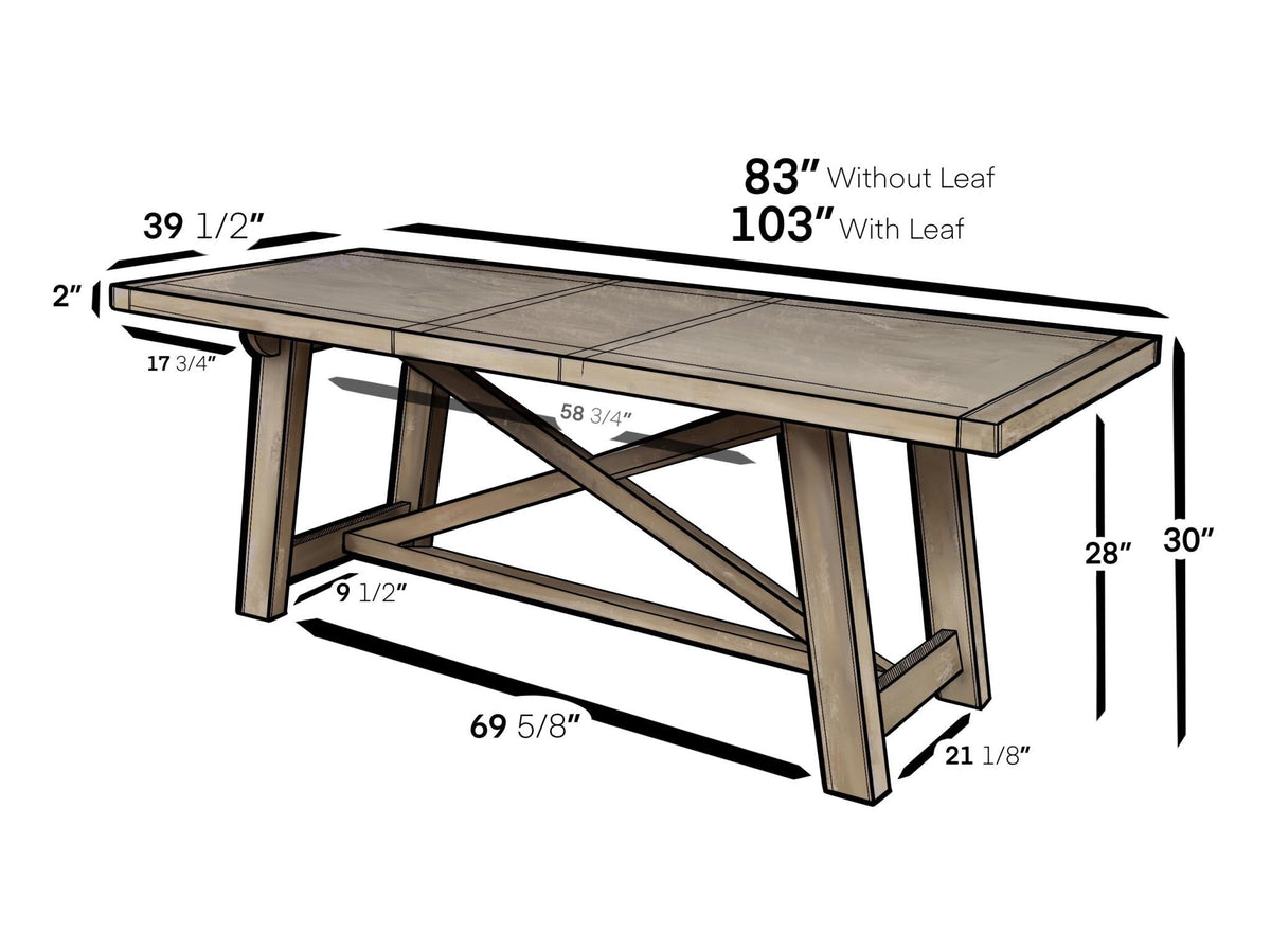 Extendable Farmhouse Dining Table with X Trestle Base, Solid Acacia Hardwood, Seats 6 to 10, Weathered Natural