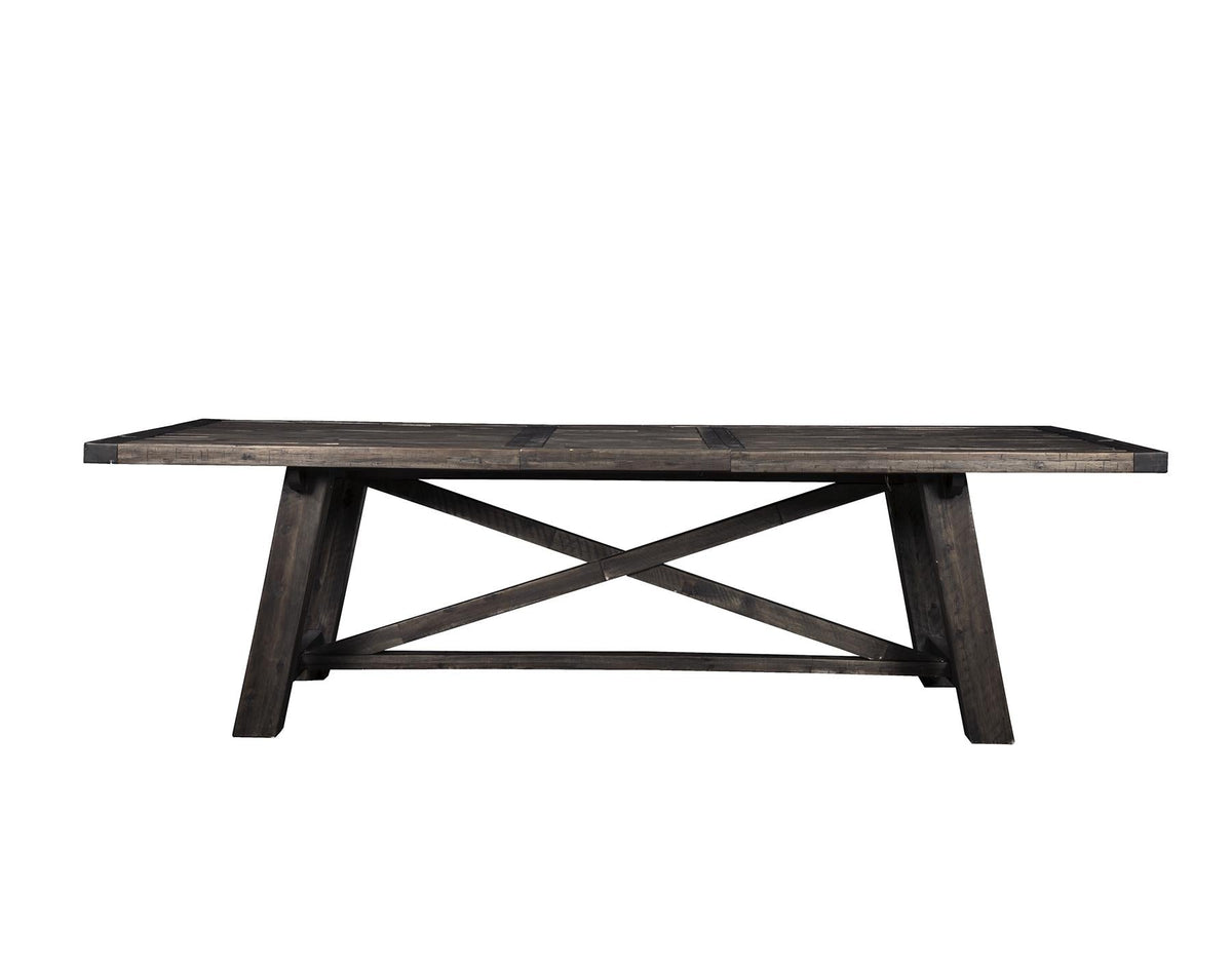 Extendable Farmhouse Dining Table with X Trestle Base, Solid Acacia Hardwood, Seats 6 to 10, Charcoal Brown