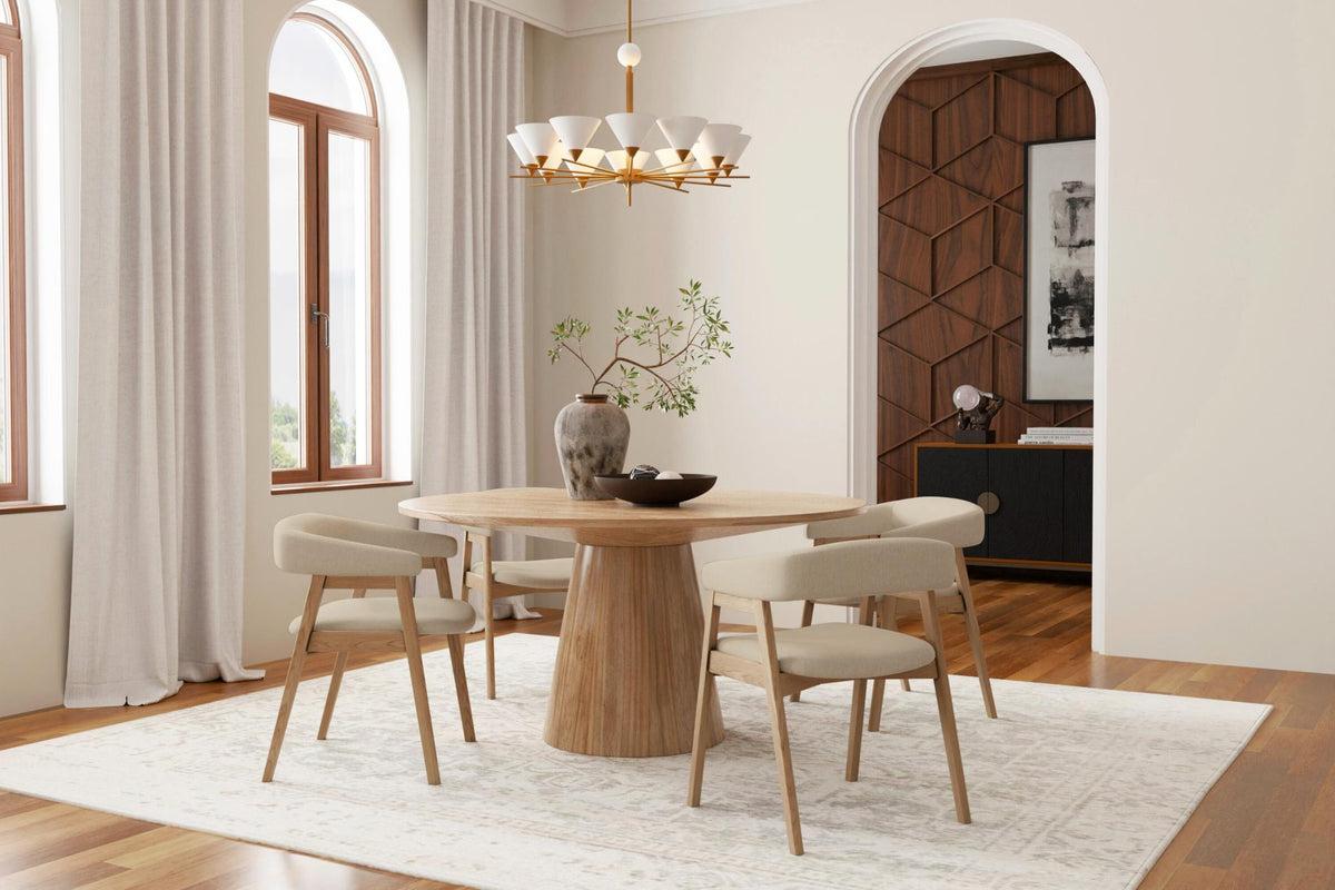 59 Inch Round Pedestal Dining Table, Solid Hardwood, Seats 6 to 8, Natural Oak