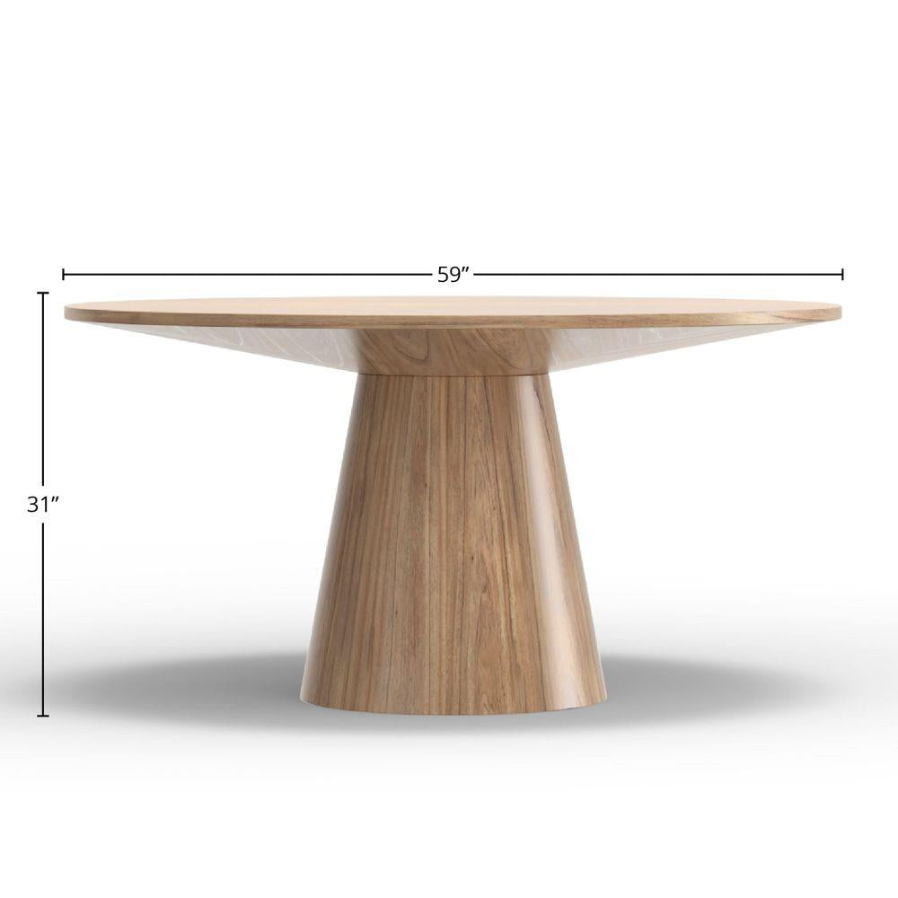 59 Inch Round Pedestal Dining Table, Solid Hardwood, Seats 6 to 8, Natural Oak