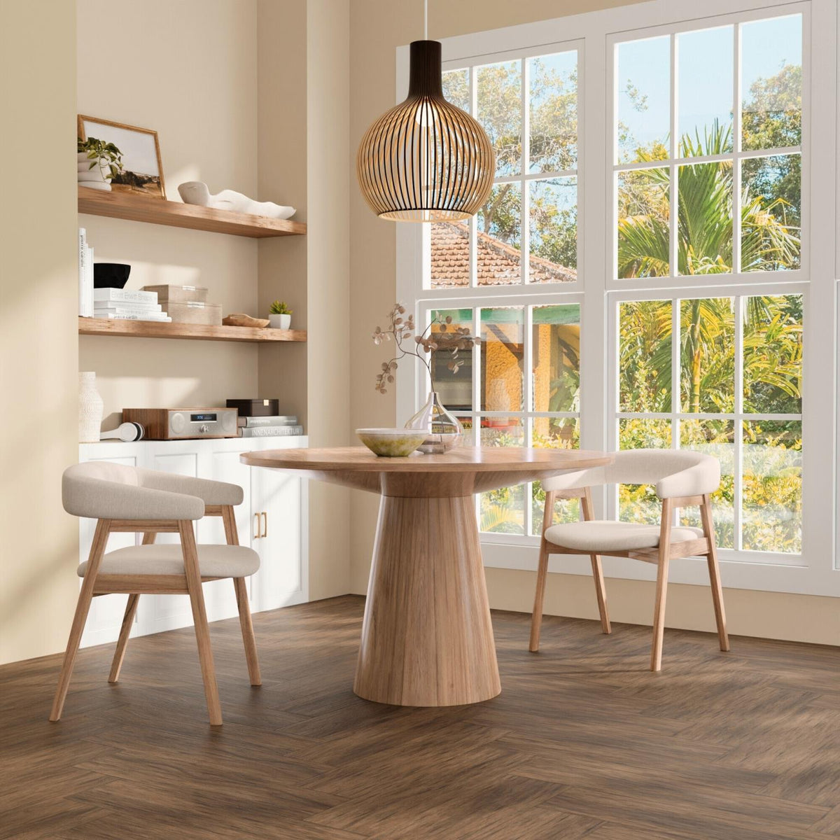 47 Inch Round Pedestal Dining Table, Solid Hardwood, Seats 4 to 6, Natural Oak
